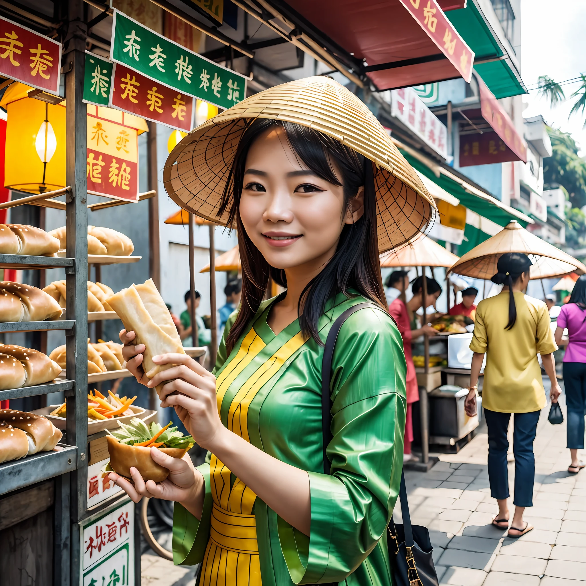 abstract colors, texture, film grain:0.6 realistic digital painting of (a Vietnamese woman)1.4 wearing (a Palm-leaf conical hat and banh mi inspired clothes and accessories)1.3, (white yellow green red)1.1 colors, (black brown)1.2 hair, (brown black)1.1 eyes, smiling and holding (a banh mi sandwich)1.5, standing in front of (a Vietnamese street food stall)1.3 with (signs lanterns people)1.2, (daytime)1.1 with bright and warm colors