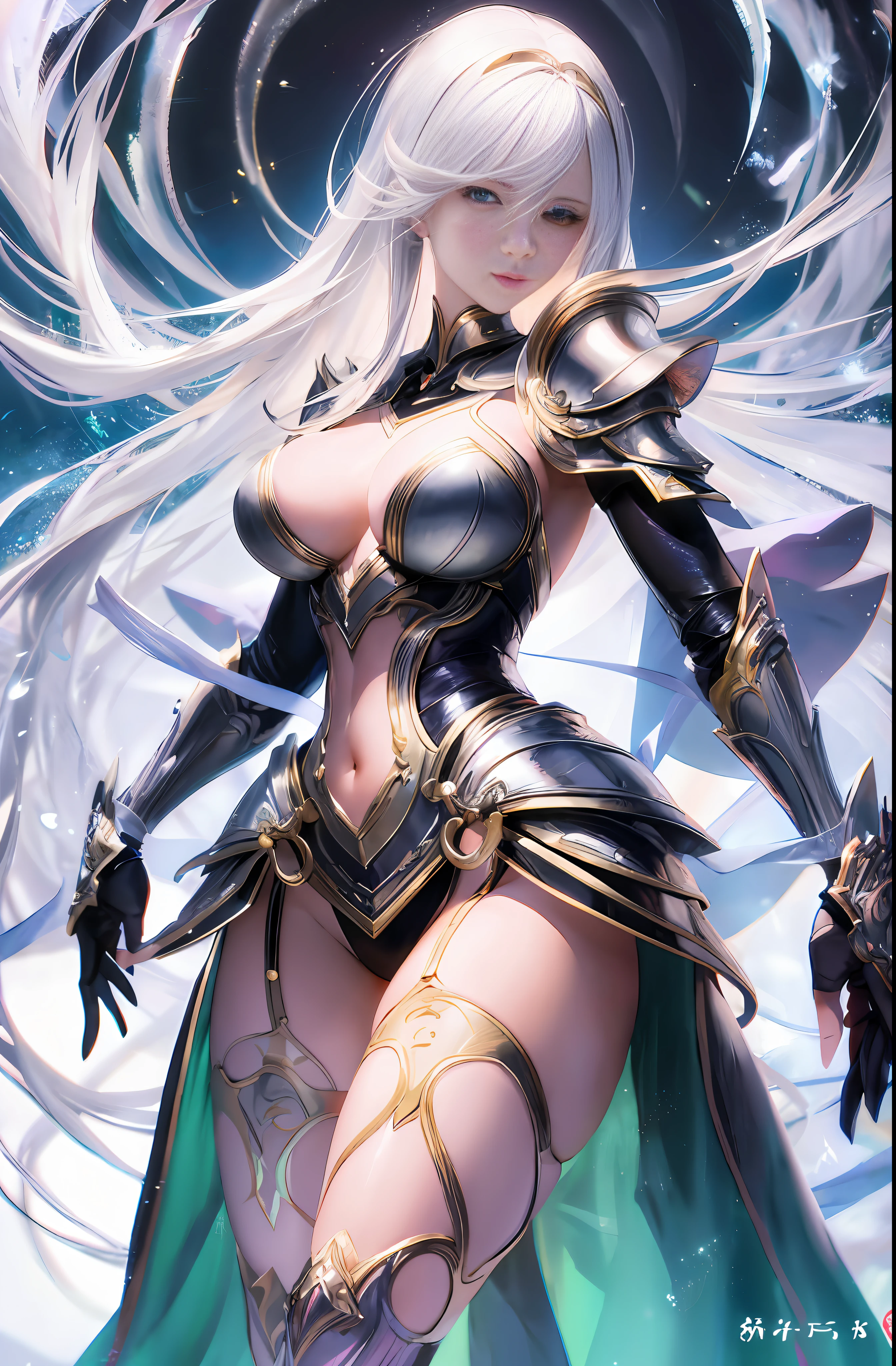 Master anime work, impeccable masterpiece, a mature female character wearing sexy transparent armor standing on a pure white background, flowing silver hair, full body standing, slender legs, straight breasts, detailed face details, natural and beautiful standing, vivid and real body details