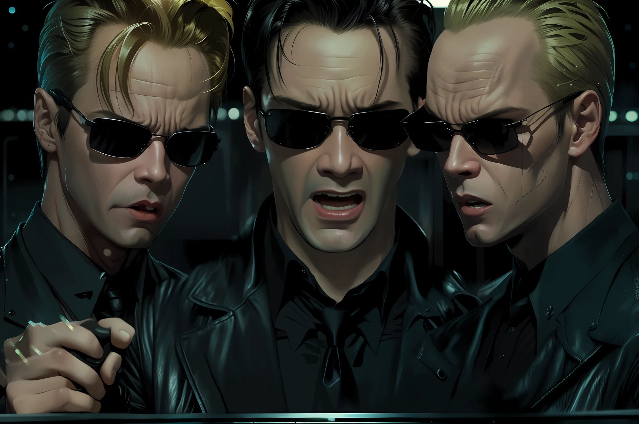 ((best quality)), ((masterpiece)), (detailed) fan art of (neo from the matix) face (((screaming))), ((neo from matrix face)) screaming, keanu reaves, the matrix (1999), sunglasses, night, 80mm, ((western animation)), (neo the matrix (1999)), (short hair), (tokyo street nights), (((screaming)))
