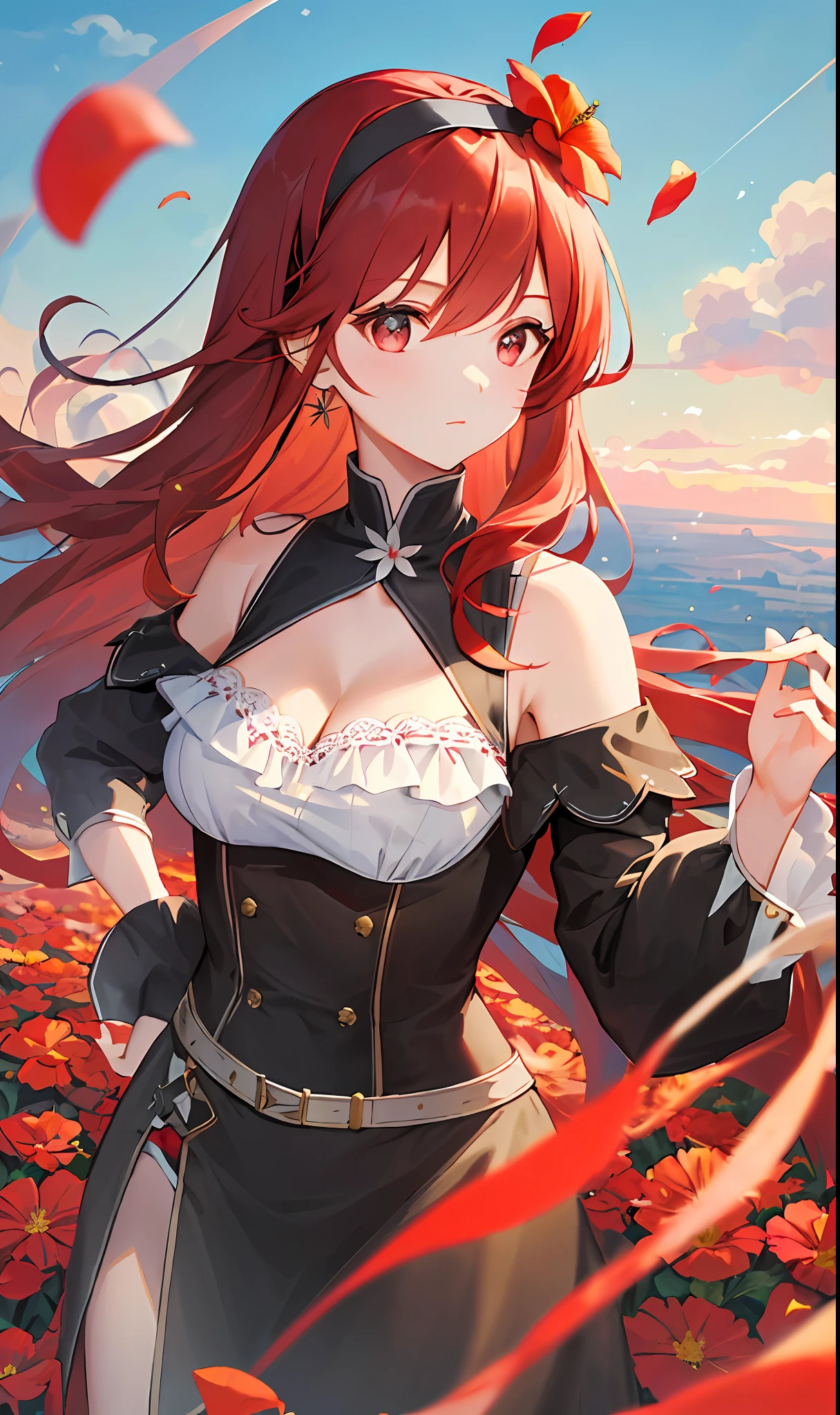 ((masterpiece, best quality)), (1girl),((mature female)), red hair, hairband, bangs, long hair , black hairband, shoulder cutout, black thitying hair,curvy,cleavage,confident, ((flying petal)),(Flowery meadow) sky, cloudy_sky, sunlight, sun, evening,, (evening theme:1.3), light, fantasy,