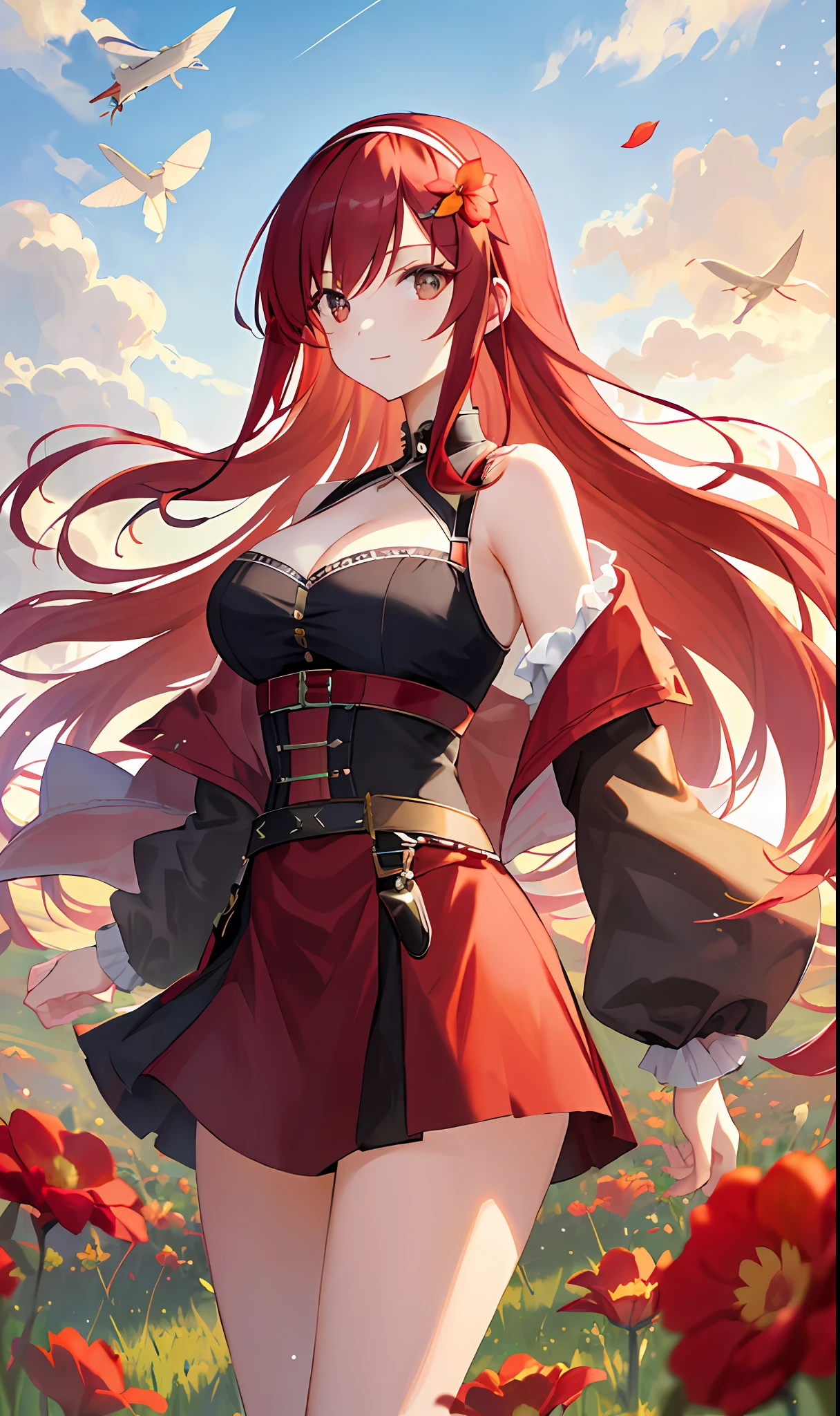 ((masterpiece, best quality)), (1girl),((mature female)), red hair, hairband, bangs, long hair , black hairband, shoulder cutout, black thitying hair,curvy,cleavage,confident, ((flying petal)),(Flowery meadow) sky, cloudy_sky, sunlight, sun, evening,, (evening theme:1.3), light, fantasy,