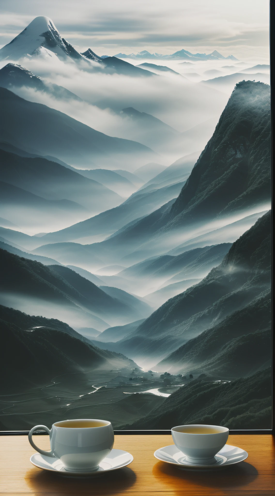 See mountains through the window of tea cakes on the table, mountains in thick clouds, Chinese landscapes, Japanese mountains, detailed landscapes, Etienne Dreiset, thick fog, mountains, thick fog in valleys, shadows. Asian landscape, mountain background, layered fog, mountains in background, ink style