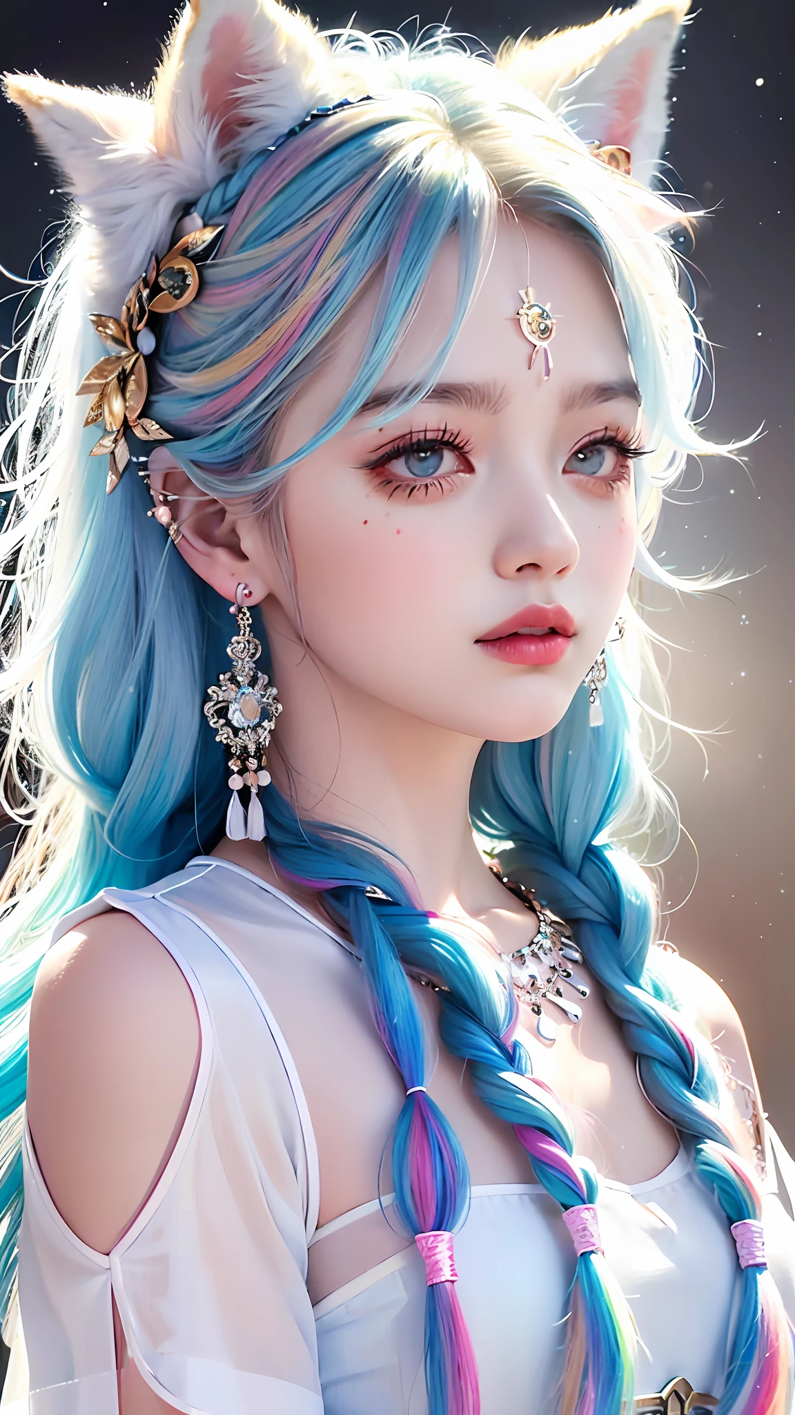 Masterpiece, Best Quality, High Resolution, (White Background: 1.4), [Glitter], [Looking at the Viewer, Portrait, 1 Sweet Chinese Girl], (Long Hair, Blue Hair, Wavy Curls, Multicolored Twisted Big Braid: 1.3, Furry Fox Ears, Air Bangs), White Off-the-Shoulder Short Sleeves, Delicate Facial Features, Pink Lips, Earrings, Necklace