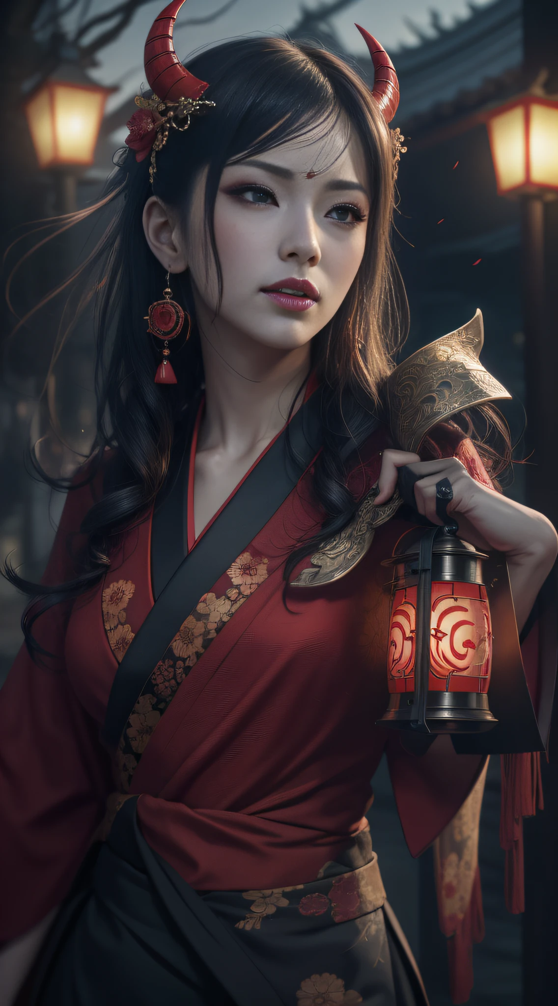 Demon woman, hannya, grudge, beautiful Japan woman in kimono, traditional kimono of Japan, hammering, dismemberment, fluttering chest, world of Spirited Away, undulating proportions, seductive pose, provocative smile, mature woman, night scene, moonlight lighting, wind Japan fantasy background, lantern vermilion lantern, lantern vermilion lantern, red light, from below, masterpiece, exquisite and artistic face, very detailed and expressive eyes, Shiny hair, highly detailed face and skin texture, highly detailed skin with pores, detailed hand description, detailed leg description, 8K, 16K, top quality, professional writing, radiosity, film lighting, dramatic lighting, photorealistic, exquisite CG, physical rendering, ultra-realistic, realistic and realistic textures, Unreal Engine 5, dynamic angles,