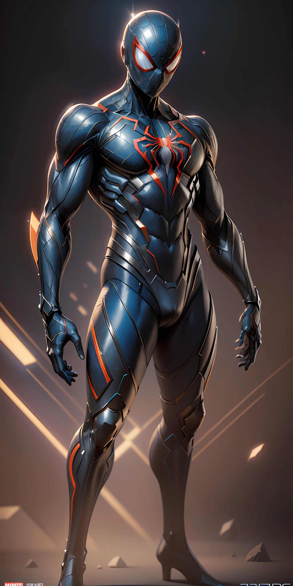 Cosmic Spider-Man from Marvel, frontal, full-length, looking at the camera, facing the audience, standing pose, simple background, three-dimensional light, detailed full-body concept, sleek digital concept art, beautiful full-body concept art, art trend, full-length CGsociety,