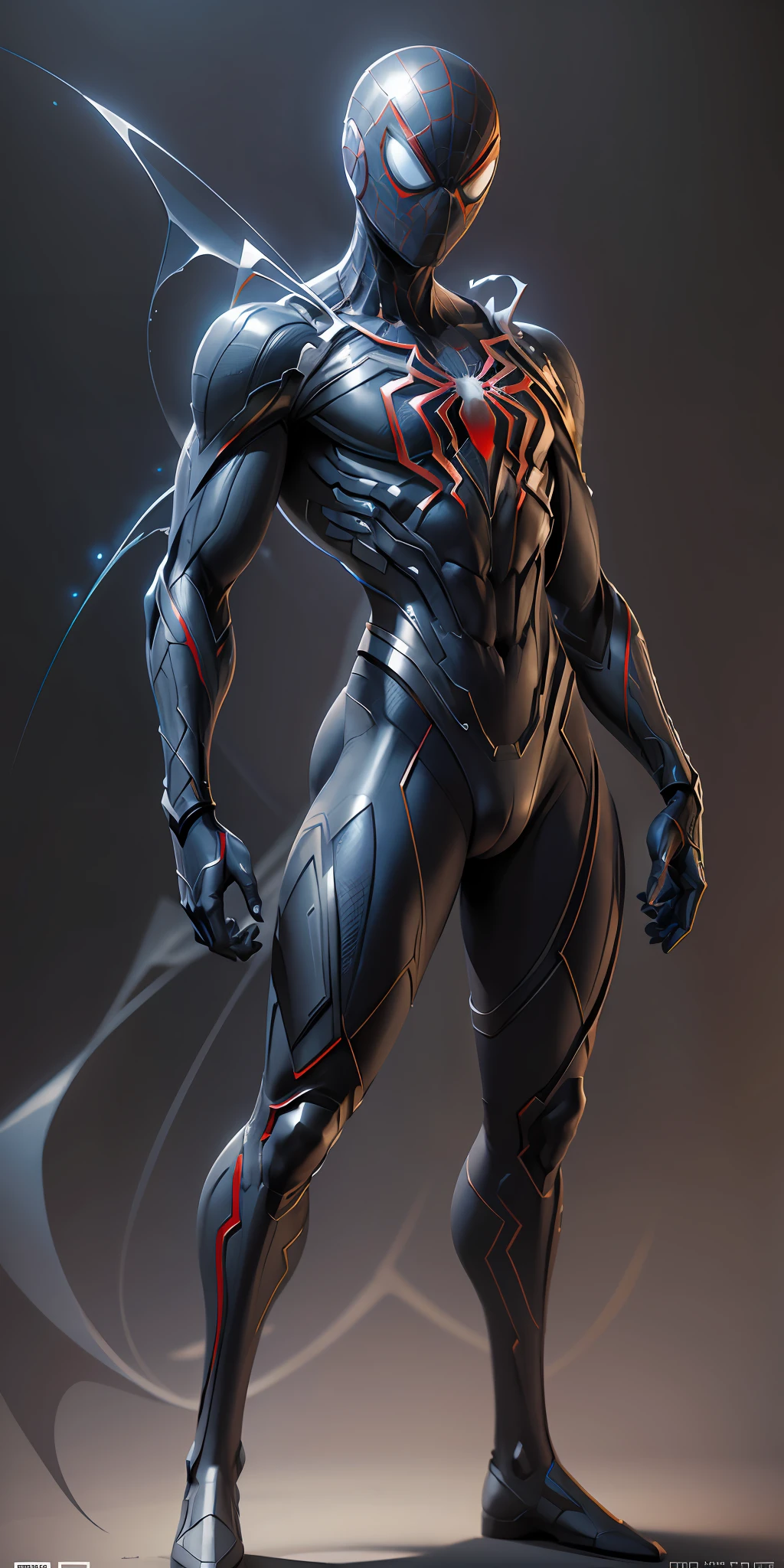 Cosmic Spider-Man from Marvel, frontal, full-length, looking at the camera, facing the audience, standing pose, simple background, three-dimensional light, detailed full-body concept, sleek digital concept art, beautiful full-body concept art, art trend, full-length CGsociety,