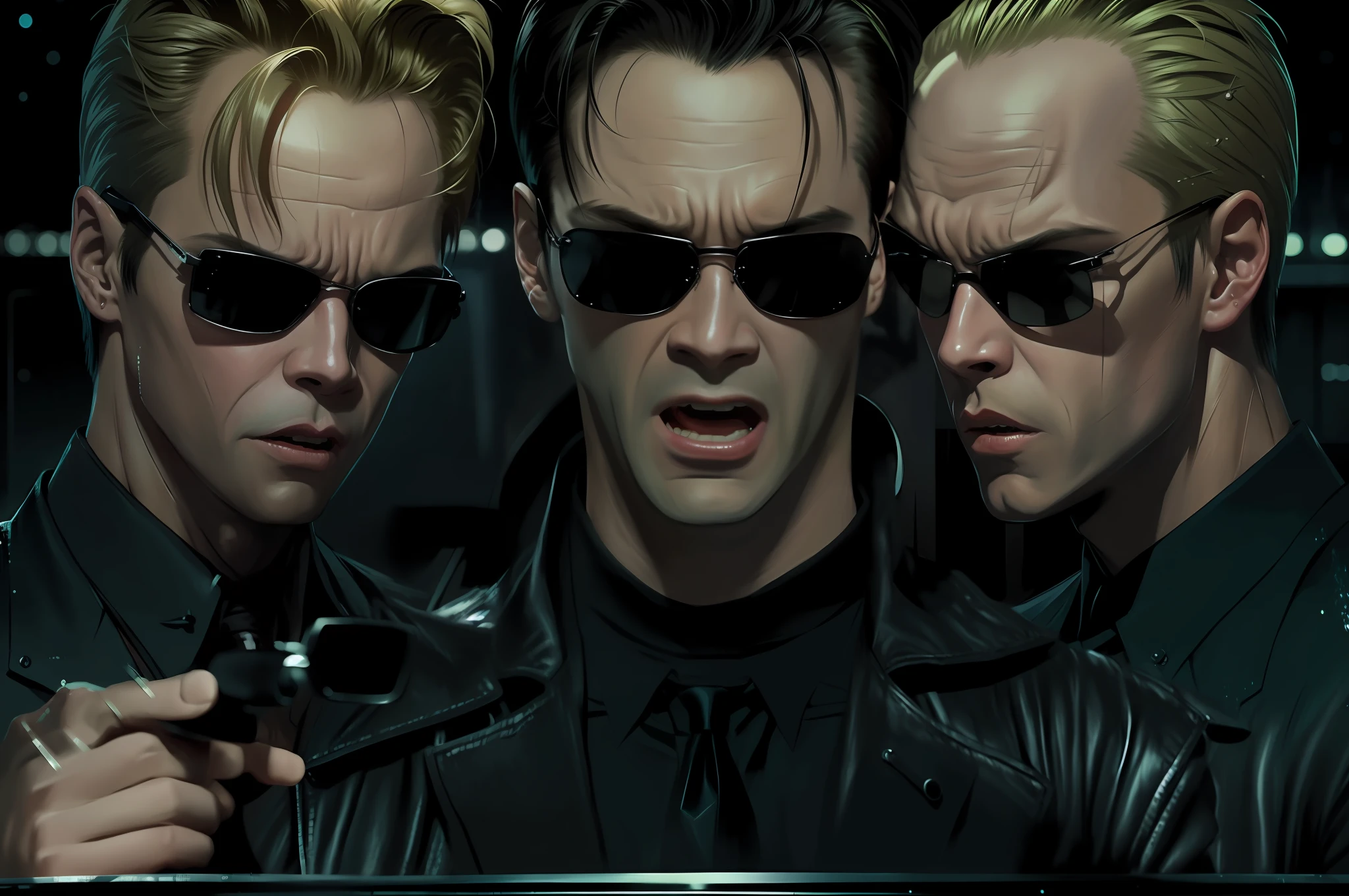 ((best quality)), ((masterpiece)), (detailed) fan art of (neo from the matix) face (((screaming))), ((neo from matrix face)) screaming, keanu reaves, the matrix (1999), sunglasses, night, 80mm, ((western animation)), (neo the matrix (1999)), (short hair), (tokyo street nights), (((screaming)))