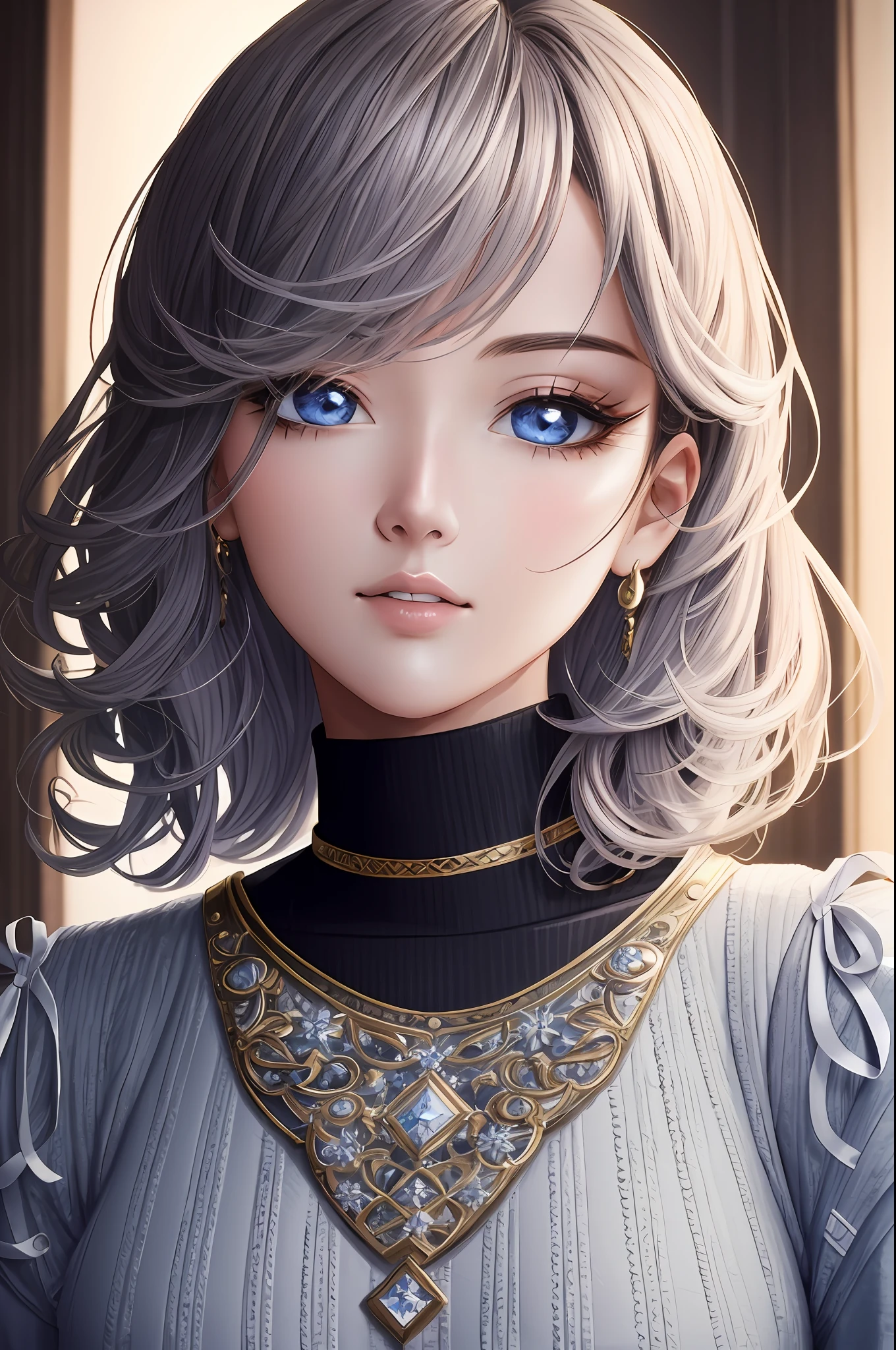 Illustration, anime style, (masterpiece, top quality, super detail, high resolution), perfect face, sidelights, shiny skin, (bloom), (shine), lighting, ray tracing, 1girl, solo, silver colored hair, black detailed shining eyes, summer everyday wear, hair bow, pink skirt, bow, pink bow, lips, upper body, curly hair, chest, turtleneck sweater, parted lips, jewelry, depth_of_field, very detailed background, very detailed background, masterpiece, super detail, great composition,dynamic angle,[bottle bottom],(wide shot), very delicate and beautiful,(best quality), (master work), depth of field, solo, extreme light and shadow, masterpiece, rich in detail, (fine features), (best quality), (masterpiece), (detail eyes), ( Beautiful)Detail,Beautiful Detail Eye,(Straight On), Upper Body,(Very Detailed CG Unity 8k wallpaper),(Masterpiece), (Best Quality), (Super Detail), (Best Illustration), (Best Shadow), Perfect Lighting,Perfect Anatomy