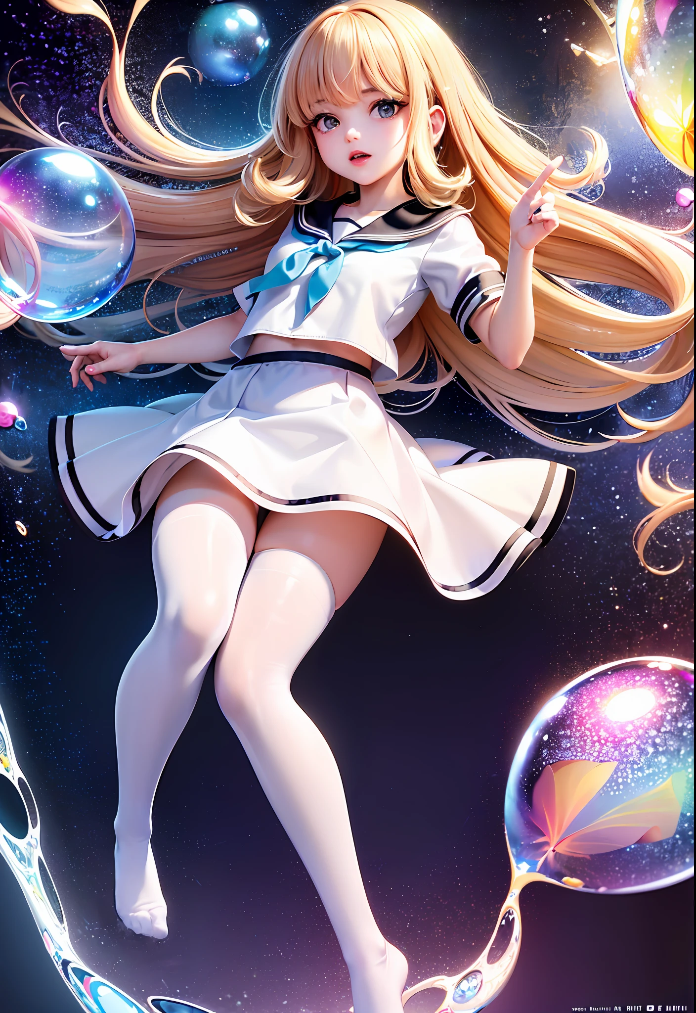 (masterpiece), (best quality), (official art, extremely detailed CG unity 8k wallpaper), (highly detailed), ((absurdres)), 1girl, mid shot, (exquisite facial features),(serafuku:1.3) ((sfw)),((clear hands)), ((white thighhighs without shoes)),aqua eyes, color contact lenses, stars in the eyes, (((colorful bubble))), colourful glass, (album cover)