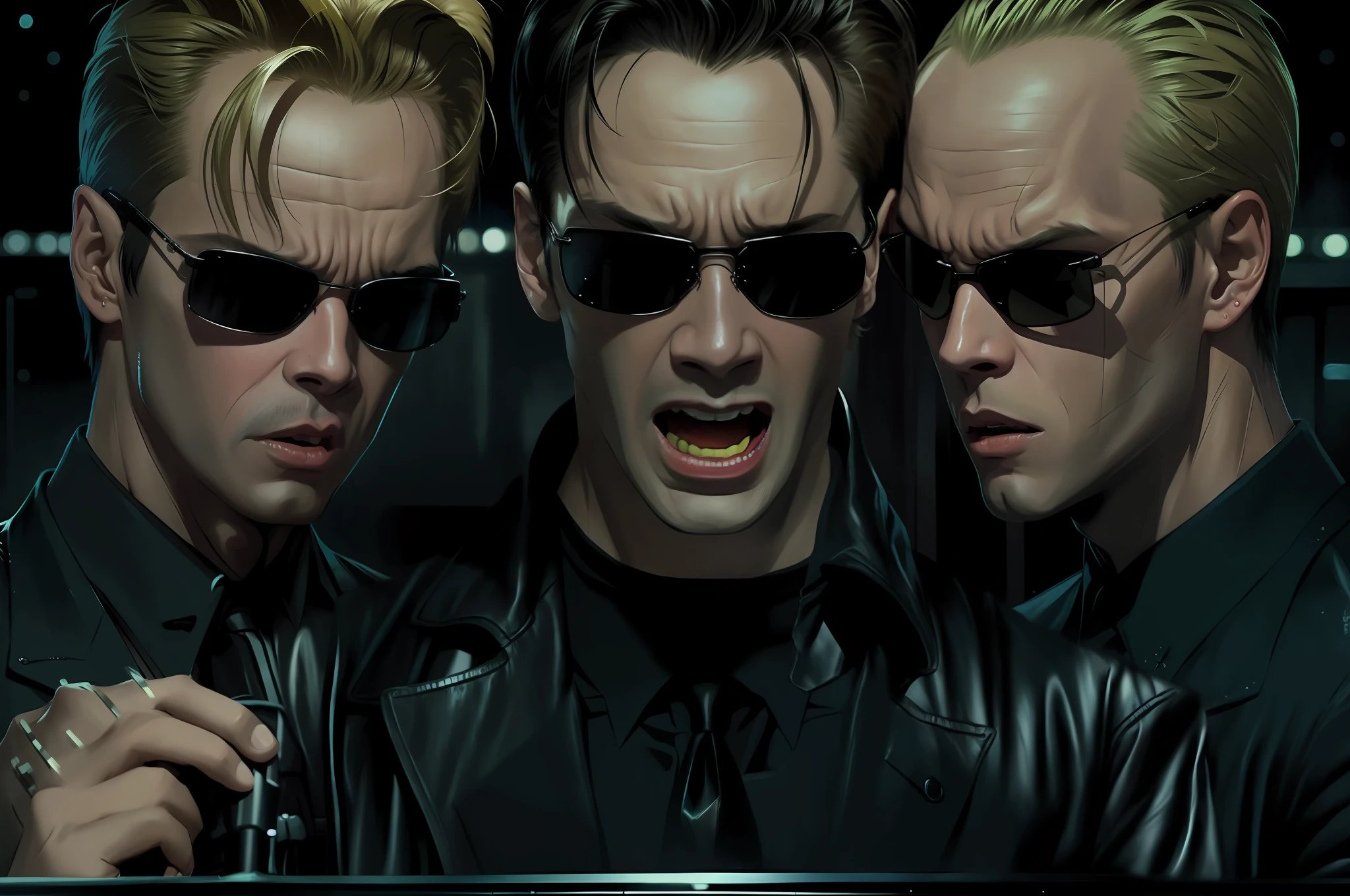 ((best quality)), ((masterpiece)), (detailed) fan art of (neo from the matix) face (((screaming))), ((neo from matrix face)) screaming, keanu reaves, the matrix (1999), sunglasses, night, 80mm, ((western animation)), (neo the matrix (1999)), (short hair), (tokyo street nights), (((screaming)))
