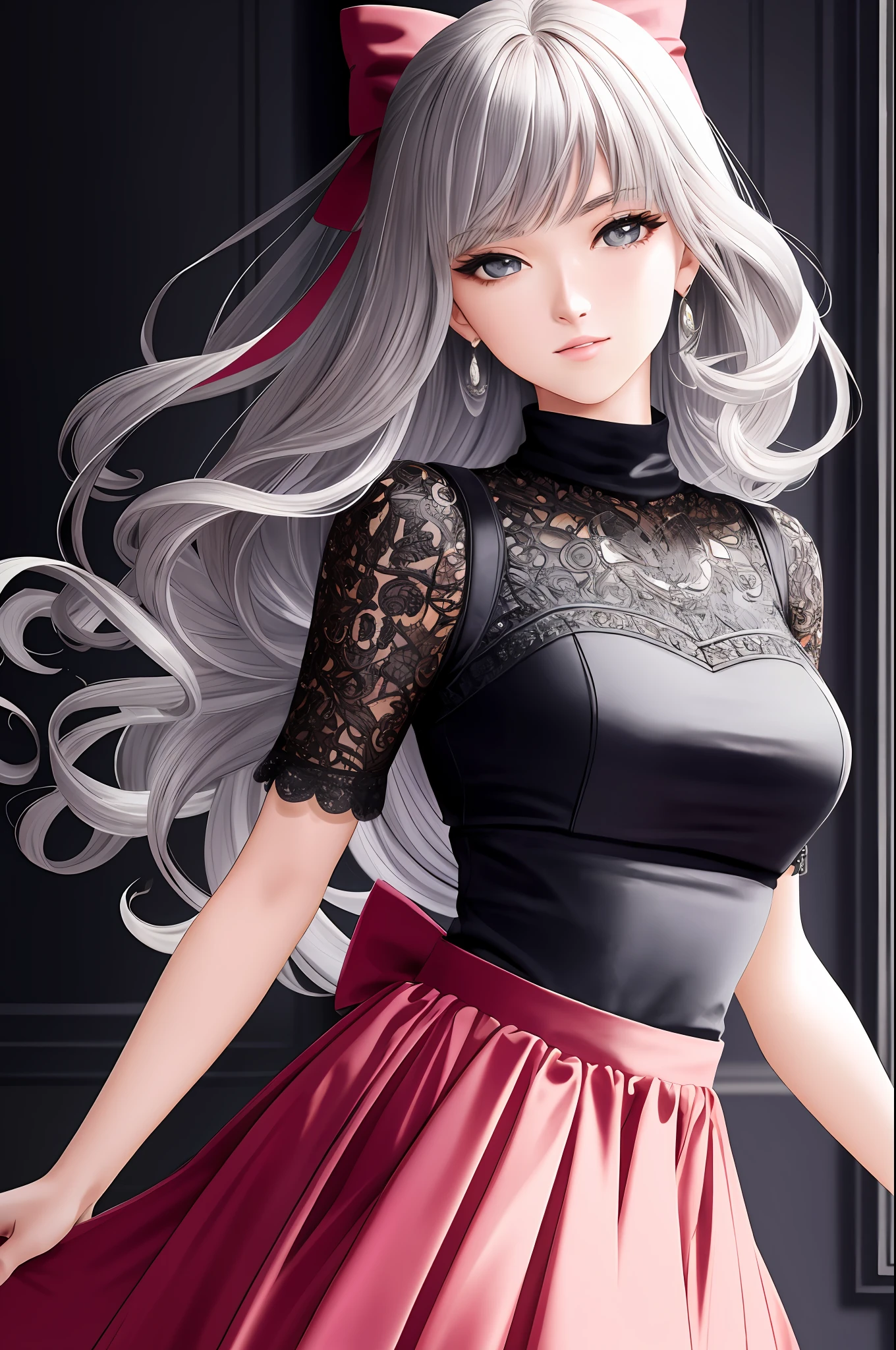 Illustration, anime style, (masterpiece, top quality, super detail, high resolution), perfect face, sidelights, shiny skin, (bloom), (shine), lighting, ray tracing, 1girl, solo, silver colored hair, black detailed shining eyes, summer everyday wear, hair bow, pink skirt, bow, pink bow, lips, upper body, curly hair, chest, turtleneck sweater, parted lips, jewelry, depth_of_field, very detailed background, very detailed background, masterpiece, super detail, great composition,dynamic angle,[bottle bottom],(wide shot), very delicate and beautiful,(best quality), (master work), depth of field, solo, extreme light and shadow, masterpiece, rich in detail, (fine features), (best quality), (masterpiece), (detail eyes), ( Beautiful)Detail,Beautiful Detail Eye,(Straight On), Upper Body,(Very Detailed CG Unity 8k wallpaper),(Masterpiece), (Best Quality), (Super Detail), (Best Illustration), (Best Shadow), Perfect Lighting,Perfect Anatomy