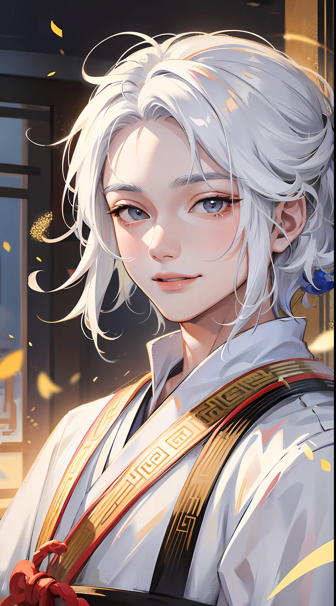 Chinese men wearing white Hanfu with close-up faces, smiling happily, and white hair