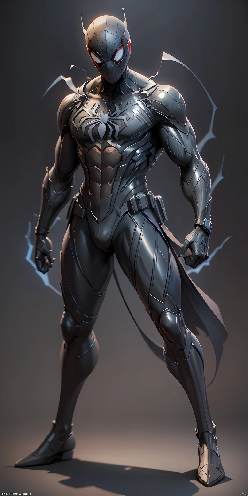 Spider-Man Noir from Marvel, frontal, full-length, looking at the camera, facing the audience, standing pose, simple background, three-dimensional light, detailed full-body concept, sleek digital concept art, beautiful full-body concept art, art trend, CGsociety full-length,