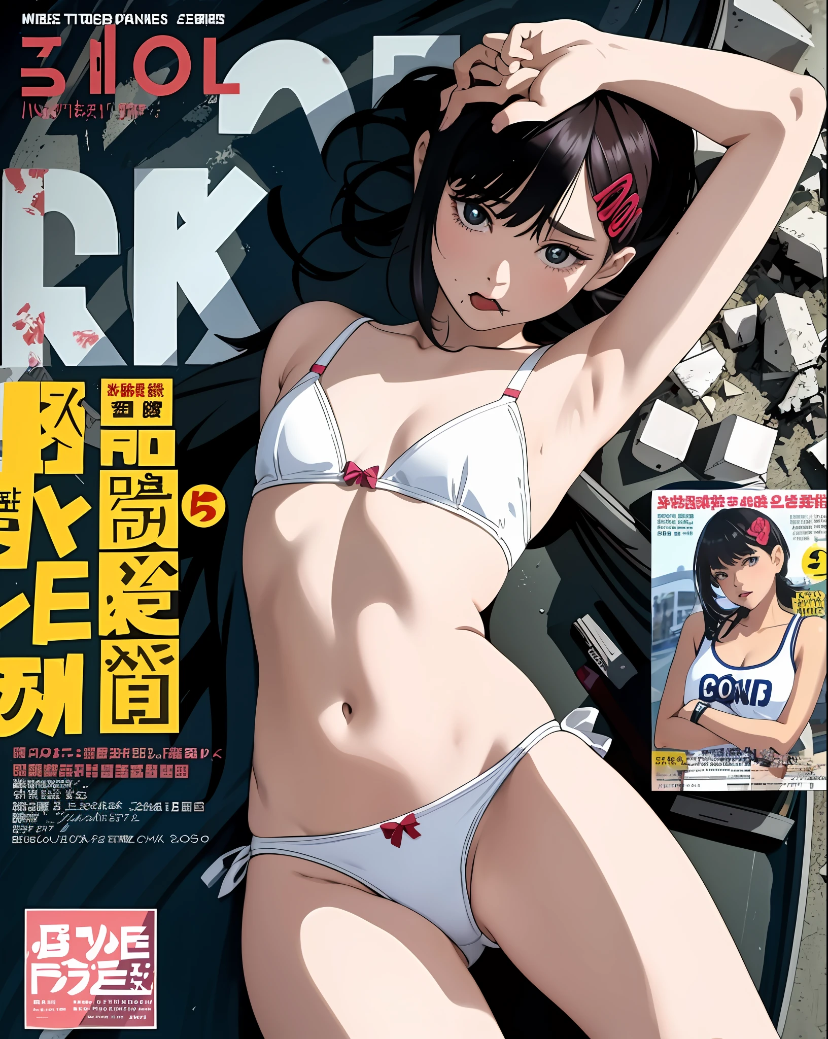 1 girl, photo assignment, model, magazine cover, beautiful model, cute, small, manos perfectas,, in underwear, knee pose, hands-free, masterpiece, full body, armpits, provocative look, tongue out, gravure model, beautiful photography,hd, perspective from above