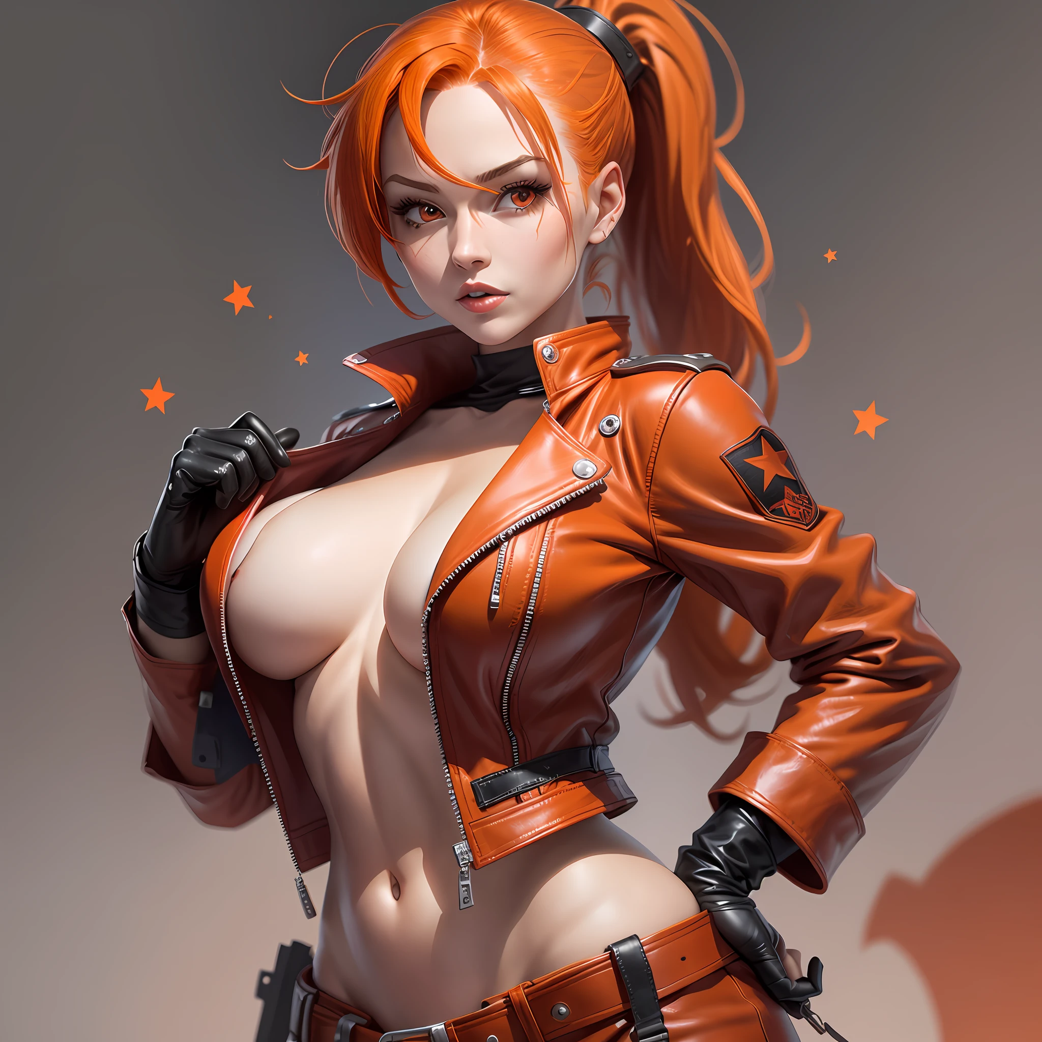 30's woman,ponytail Orange hair,red eyes,mid breast,Star patch,using lousy leather red jacket,naked,wide hips,mid build,slightly Cumming from
