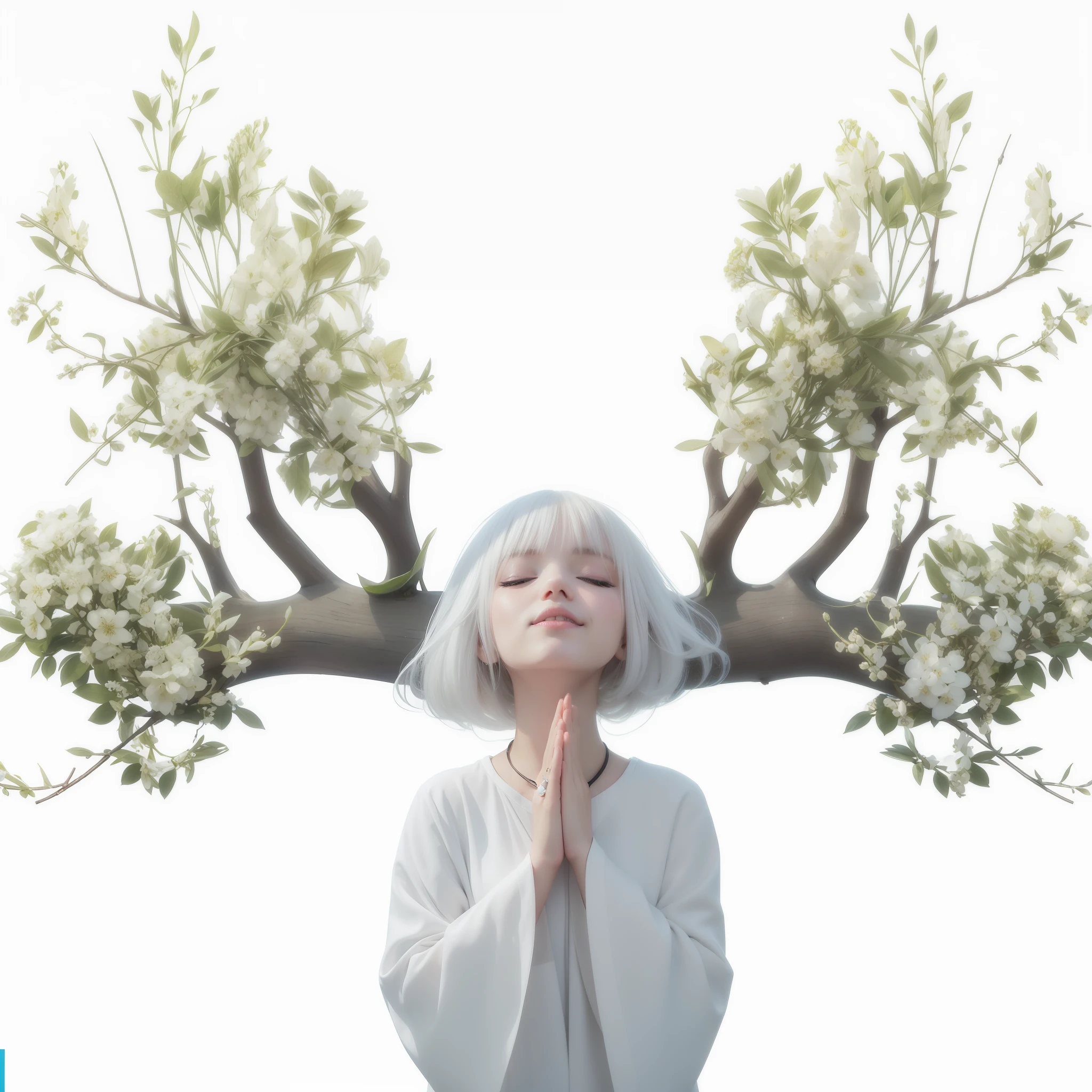 Close your mouth and eyes and smile gently, as if praying. Her hair color is white. The hairstyle is exactly the same. Gassho. Everything else is left as it is. 8k