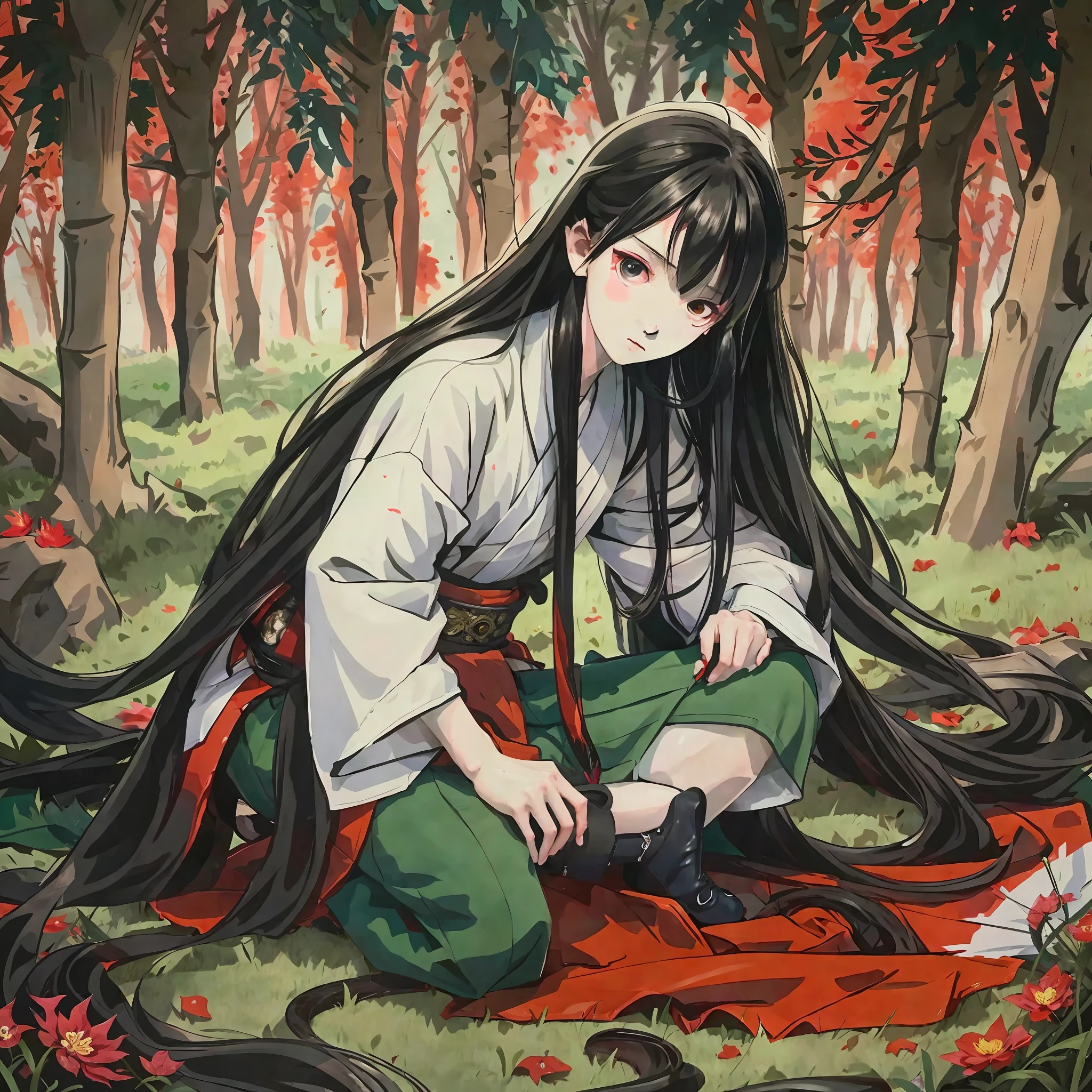 Anime boy sitting in the woods ground short hair, anime boy short hair, anime boy squat, ring sadako portrait, demon killer rui fanart, flowing short hair and robes, anime style illustration, Onmyoji portrait, beautiful anime boy squat, anime illustration, beautiful anime artwork, digital anime illustration, official art --auto --s2