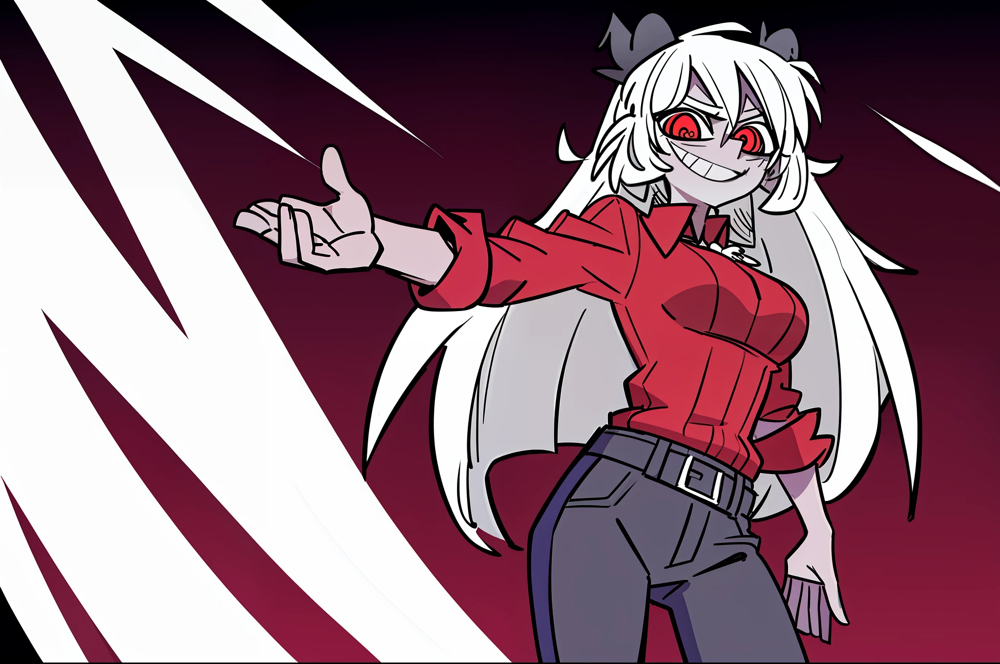 masterpiece, best quality, a beautiful and detailed portrait of Baphomet wearing sunglasses, standing, clothed,(smile),outside,dead trees, dark clouds,official artstyle with official art,hellish and red background, red sky,overcast,posing