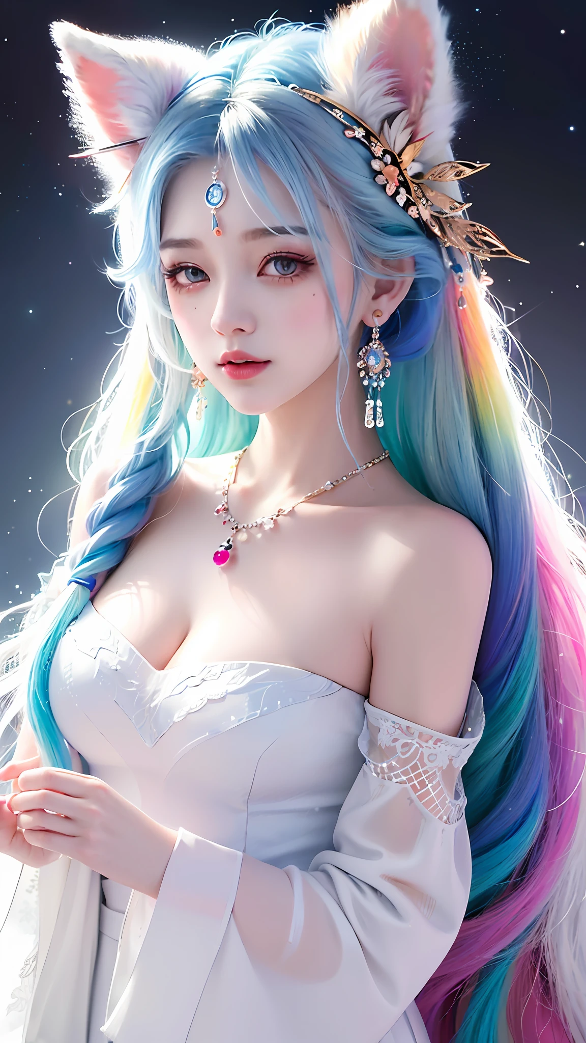 Masterpiece, Best Quality, High Resolution, (White Background: 1.4), [Glitter], [Looking at the Viewer, Portrait, 1 Sweet Chinese Girl], (Long Hair, Blue Hair, Wavy Curls, Multicolored Twisted Big Braid: 1.3, Furry Fox Ears, Air Bangs), White Off-the-Shoulder Short Sleeves, Delicate Facial Features, Pink Lips, Earrings, Necklace