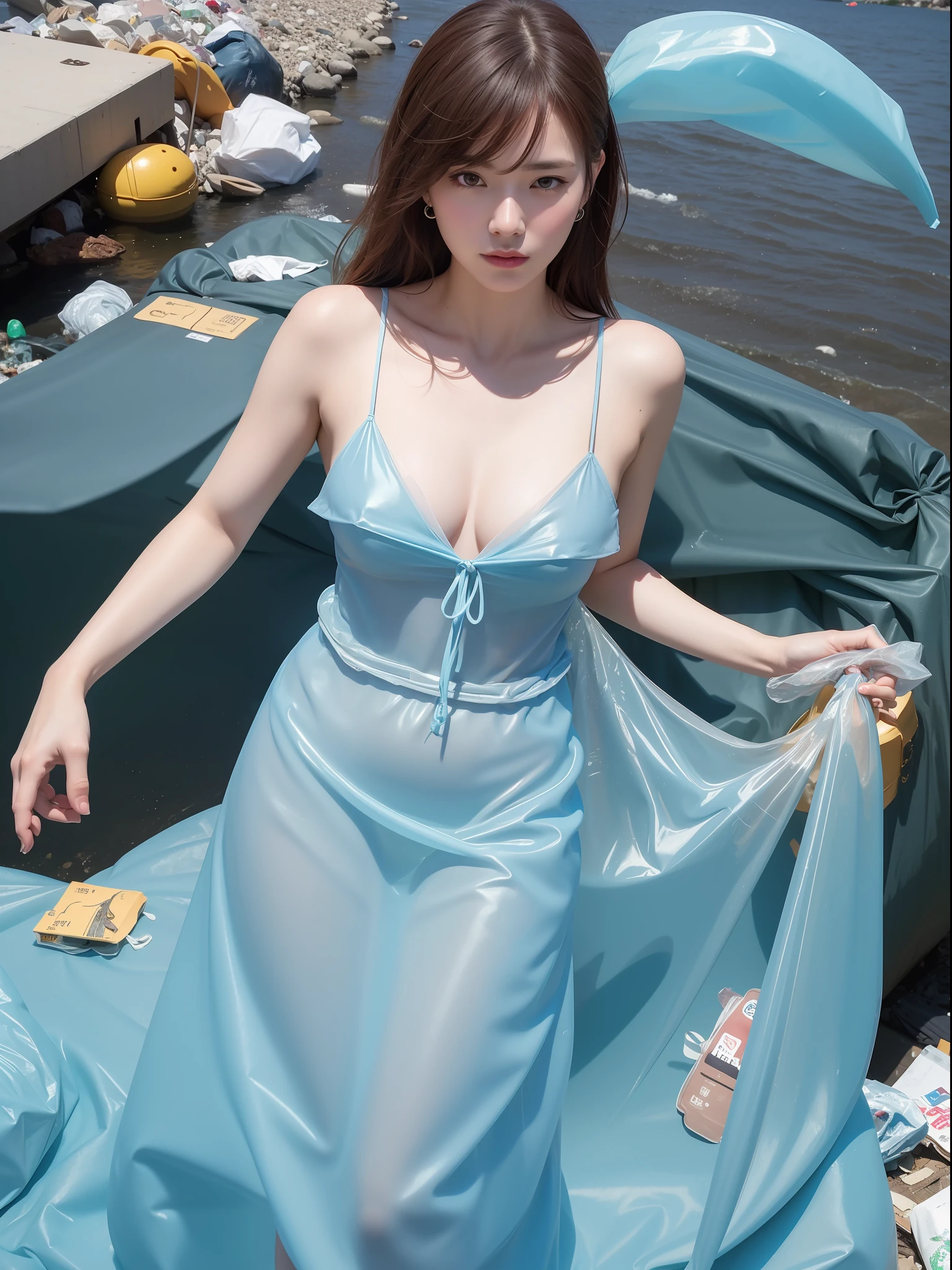 (8k), (best quality), (masterpiece:1.2), (realistic), (photorealistic:1.2), Fascinating woman, ultra-detailed, woman group, naked on the (light blue garbage bag:1.3), lingerie, skimpy, collarbone, sexy, (river:1.3), (sea;1.2), animals