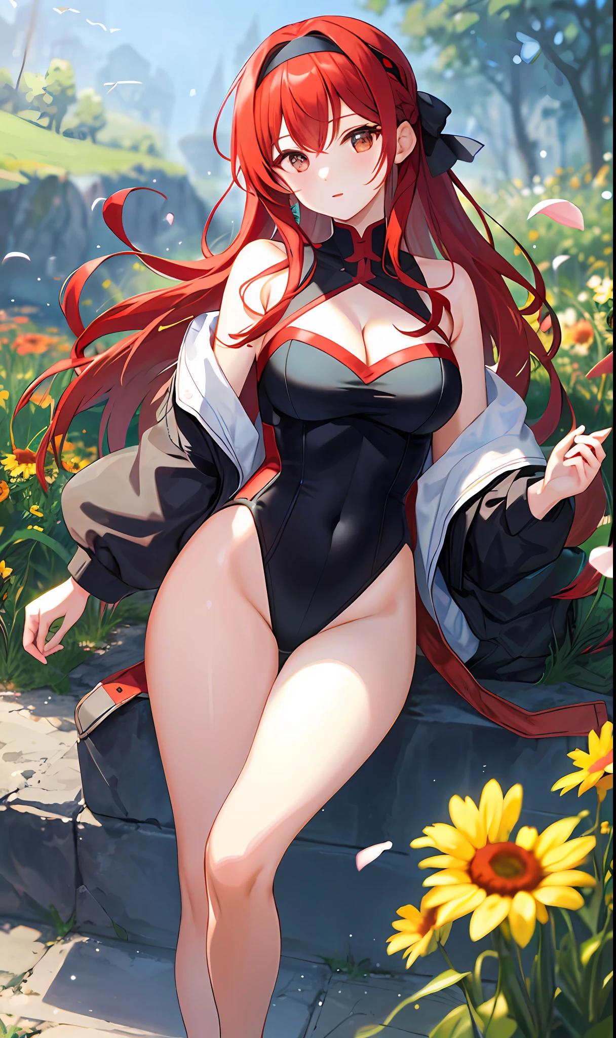 ((masterpiece, best quality)), (1girl),((mature female)), red hair, hairband, bangs, long hair, two piece strapless suit, micro suit, __location__, leotard, , black hairband, shoulder cutout, black thitying hair,curvy,cleavage,confident, ((flying petal)),(Flowery meadow), sunlight, sun, evening,, (evening theme:1.3), light, fantasy,
