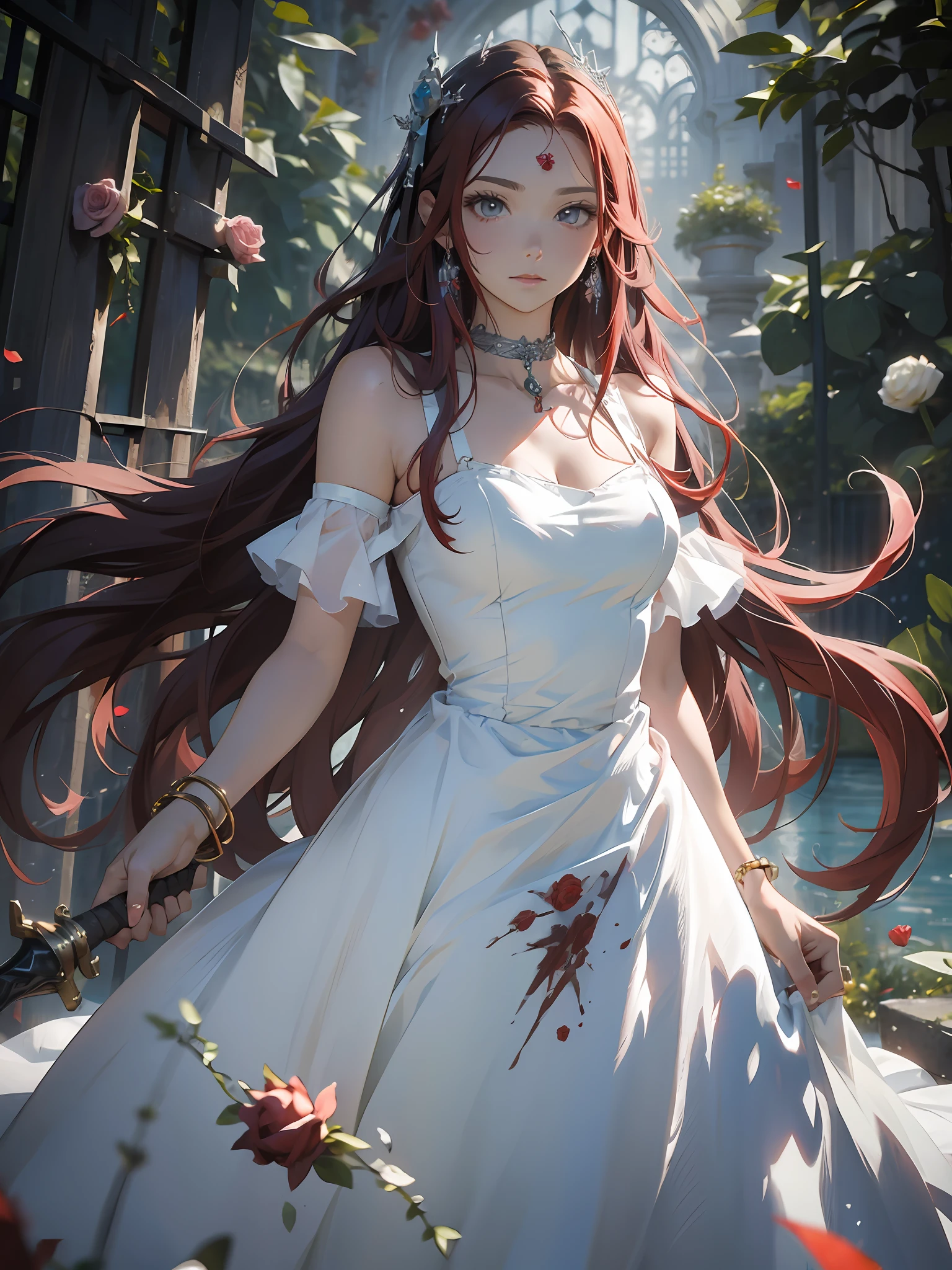 (masterpiece best quality:1.4), anime, 1girl, solo, black|red hair, long hair, white wedding dress, aiming at viewers, blurry background, blurry, jewelry, long hair, solo focus, chain, bracelet, sword, hands on hilt, weapon, standing, bare shoulders, floating rose petal, rose, blood, long dress, choker, depth of field, soft lighting,