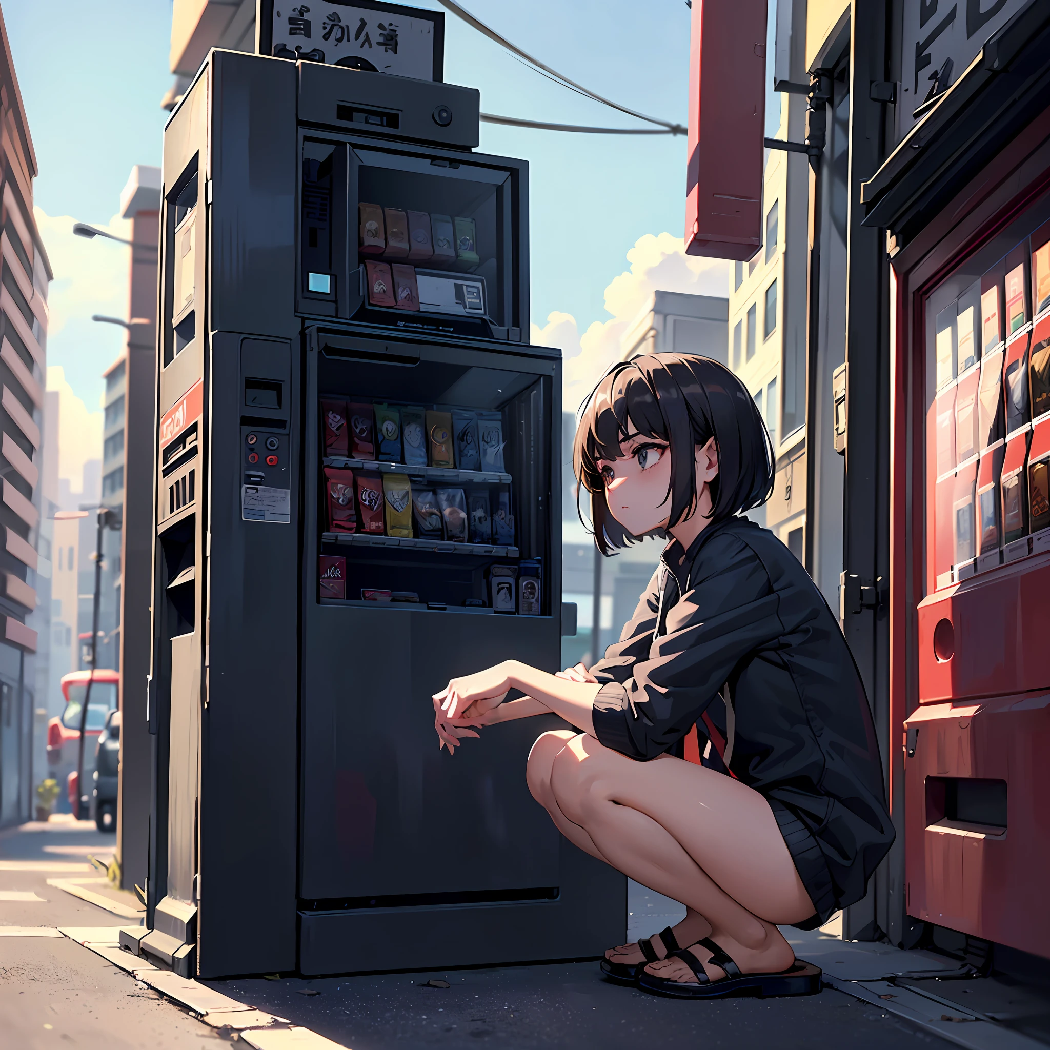 (8k, top quality, masterpiece: 1.2), (realistic, photorealistic: 1.37), super detailed, one girl, one, (unkempt hair)), short hair, bob hair, black hair, (long face), small breasts, skinny, , competitive swimsuit, toilet, (((big eyes)), black and brown pupils, sleepy eyes, eye bags, helpless eyes, depressed eyes, dark areas around the eyes, ((under shadow)), (( Leaning on the vending machine)), ((looking at the ground)), (head down: 0.8), mouth closed, expressionless, (looking down)), thigh light, (light from behind) sloppy hands, (sandals)), ((from the side)), squatting, ((knee in front of chest: 1.2)), canned drink (small), knee closed, vending machine background, outdoor, large ((red vending machine)), red vending machine, (residential area housing details: 1.3) behind (Detailed Beautiful Sky: 1.5), (Clouds: 1.4), (Uphill Alley Behind: 1.2), (((Alley)), Close Lens, Road Sign