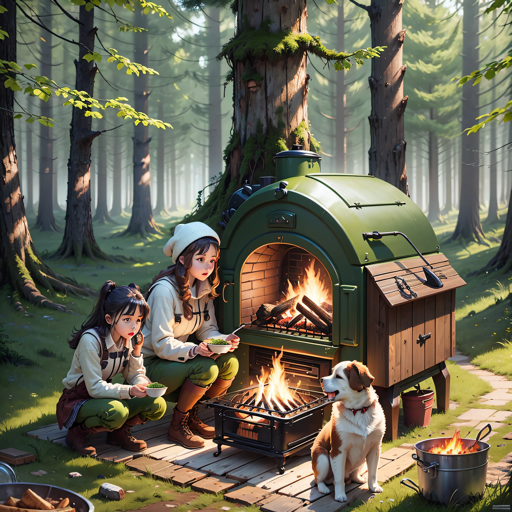 Lads, girls, puppies, floor mats, campfires, ovens, small dining tables, forests
Green meadows --auto --s2