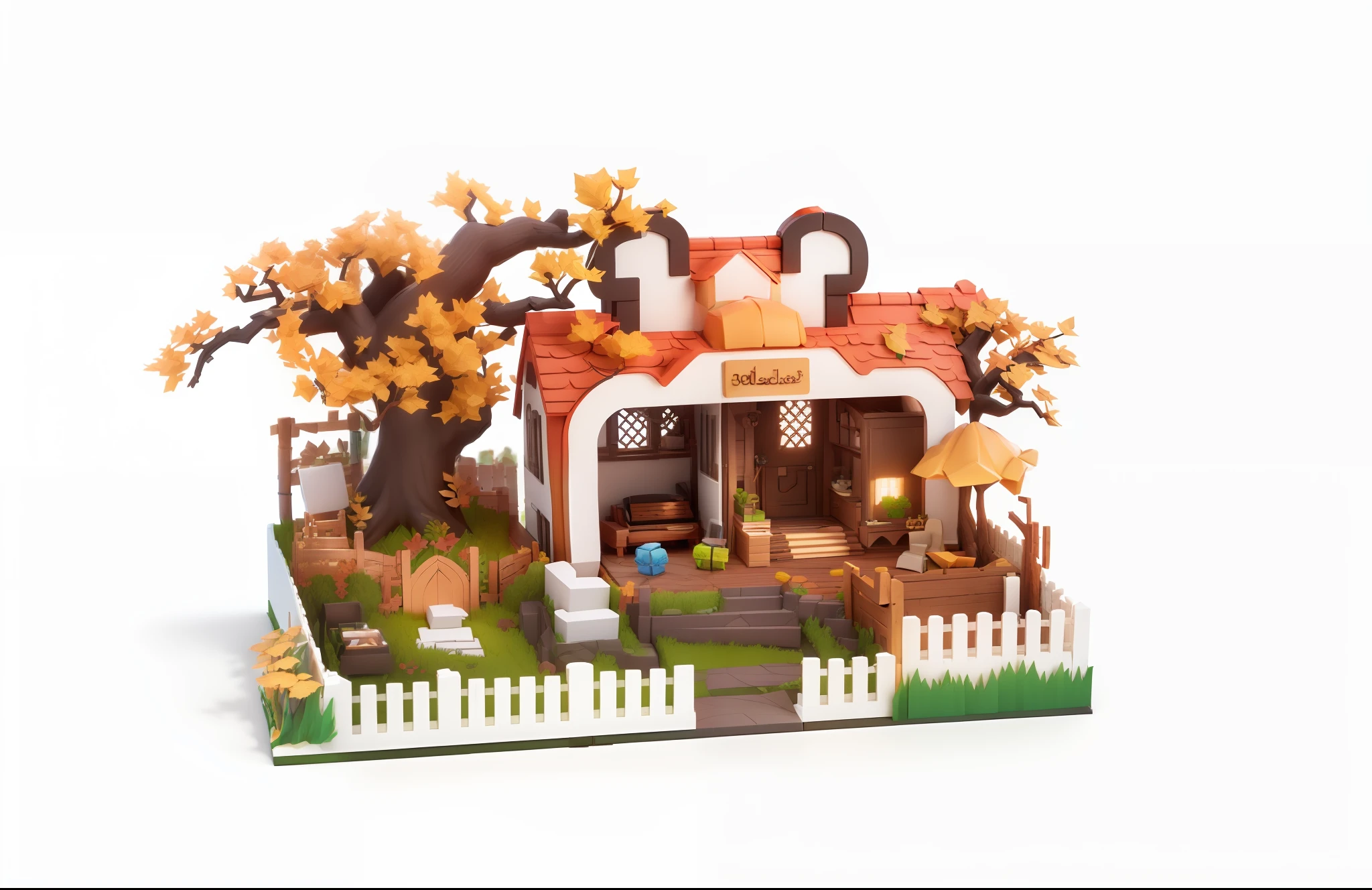 There is a small dollhouse with a tree and a fence, no gradients, highly detailed scenes, cute 3D rendering, stylized 3D rendering, cute, tiny, rendering, change to a color scheme, stylized to 3d rendering, high detail shop, detailed scene, render in keyboard shot, 🍂 3D rendering stylized