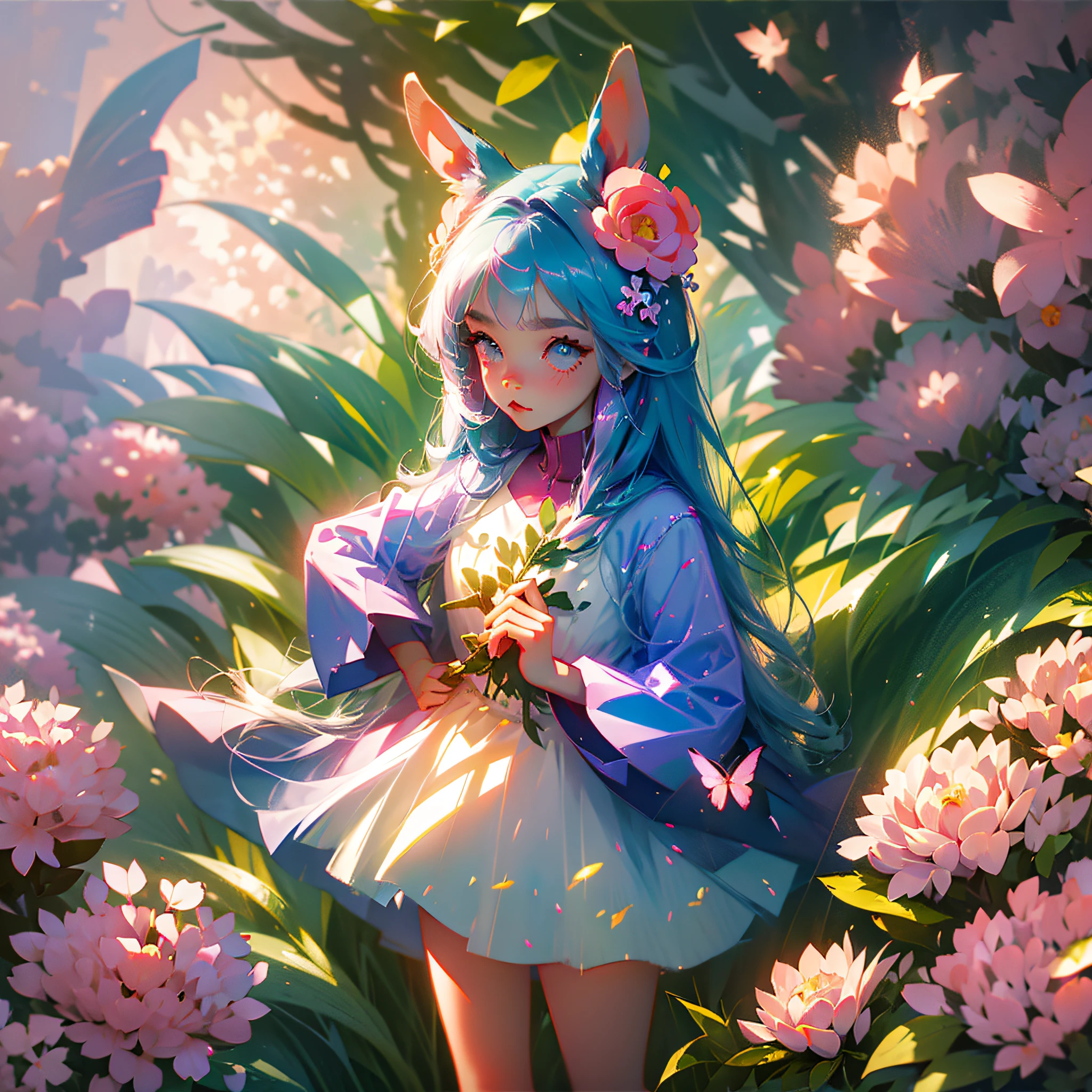 A girl with rabbit ears stands among pink flowers with a carrot in her hand and a butterfly behind her --auto --s2