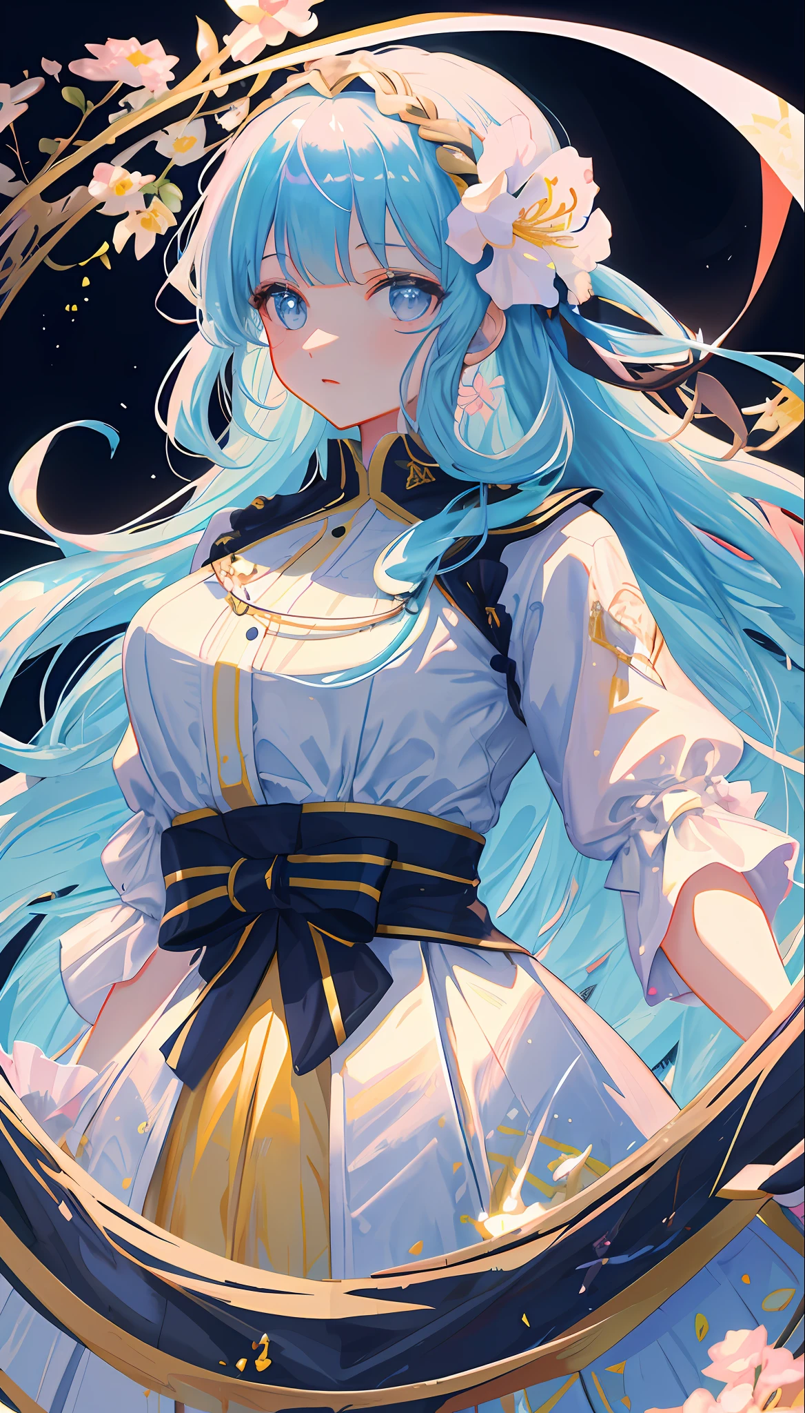 (masterpiece), (best quality), (ultra detailed),(disheveled hair),(illustration), (1girl), (Fashionable clothing), standing, Fashion model, looking at viewer, (interview), (simple background),beautiful detailed eyes, delicate beautiful face, Floating,(high saturation),(colorful splashes),colorful bubble,(shining), focus on face, kamisato ayaka, light blue hair, bangs, hair ring, floating flowers, floating hairs.Girl, anime waifu, looking at viewer, highlydetailed, reflections transparent iridescent colors, long transparent iridescent RGB hair, artby Serafleur from artstation, thick acrylic,illustration on pixiv, waist up portrait, gorgeoussacred girl, best quality, ultra detailed,sad,clever,beautiful face , beautiful lighton black background, Character stvle renderedby Octane,