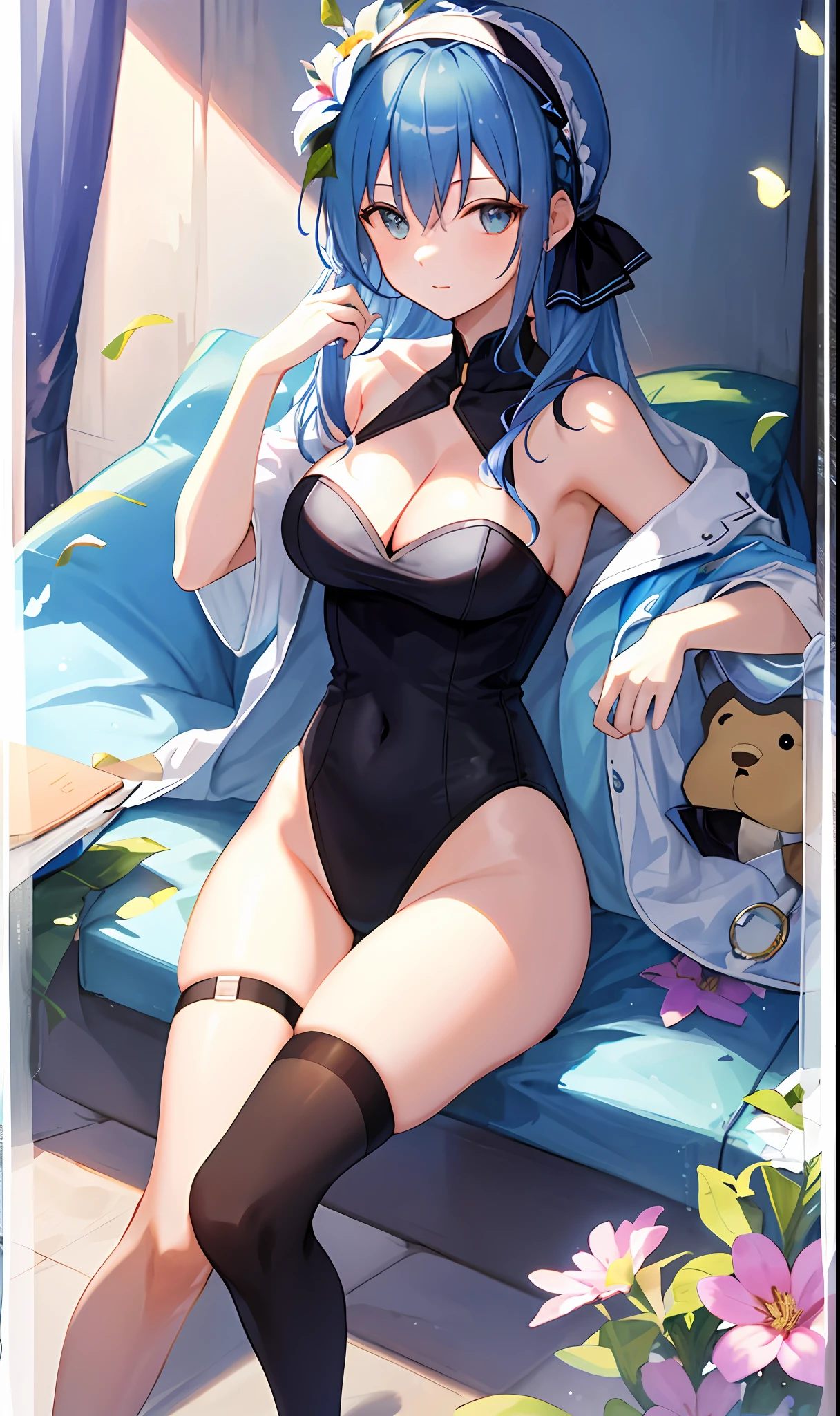 ((masterpiece, best quality)), (1girl),((mature female)), blue hair, hairband, bangs, long hair, two piece strapless suit, micro suit, __location__, leotard, , black hairband, shoulder cutout, black thitying hair,curvy,cleavage,confident, ((flying petal)),(Flowery meadow), sunlight, sun, evening,, (evening theme:1.3), light, fantasy,