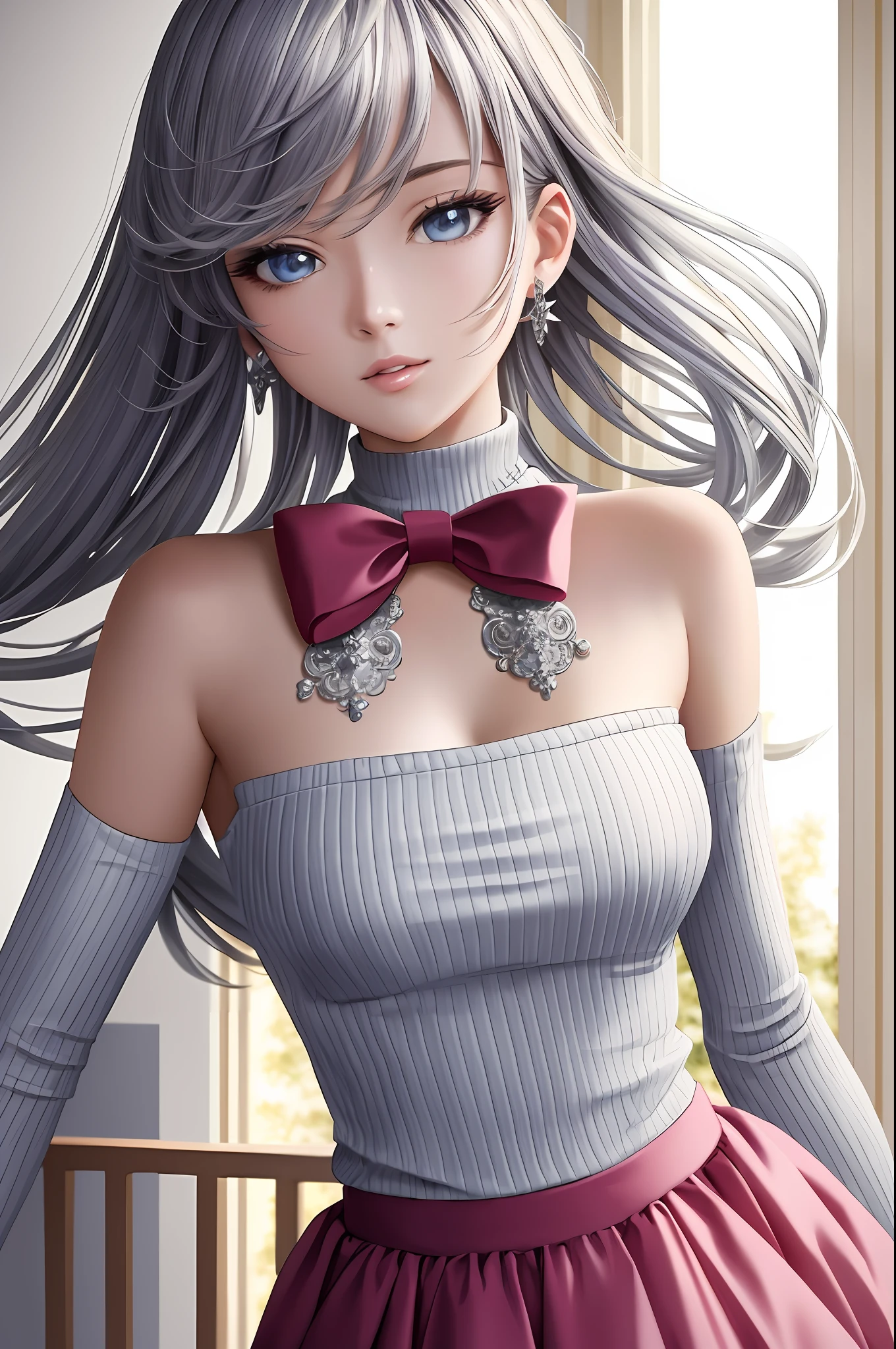 Illustration, Anime Style, (Masterpiece, Top Quality, Ultra Detail, High Resolution), Perfect Face, Side Light, Shiny Skin, (Bloom), (Shine), Lighting, Ray Tracing, 1girl, Solo, Silver Colored Hair, Colorful Color Detailed Glowing Eyes, Summer Everyday Wear, Hair Bow, Pink Skirt, Bow, Pink Bow, Lips, Upper Body, Curly Hair, Chest, Turtleneck Sweater, Parted Lips, Jewelry , depth_of_field, very detailed background, very detailed background, masterpiece, super detail, great composition,dynamic angle,[bottle bottom],(wide shot), very delicate and beautiful,(best image quality), (master work), depth of field, solo, extreme light and shadow, masterpiece, rich in detail, (fine features), (best quality), (masterpiece), (detail eyes), ( Beautiful)Detail,Beautiful Detail Eye,(Straight On), Upper Body,(Very Detailed CG Unity 8k wallpaper),(Masterpiece), (Best Quality), (Super Detail), (Best Illustration), (Best Shadow), Perfect Lighting,Perfect Anatomy