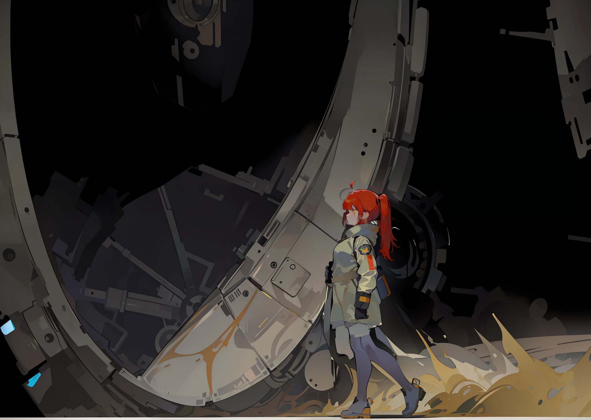 1girl, Slavic Girl. (masterpiece:1.2), (best quality:1.3), looking into massive wheel, massive tank wheels, guide wheels, hazmat suit, cosmonaut, ev suit, (red hair), (yellow eyes), (pony tail), (long bangs),