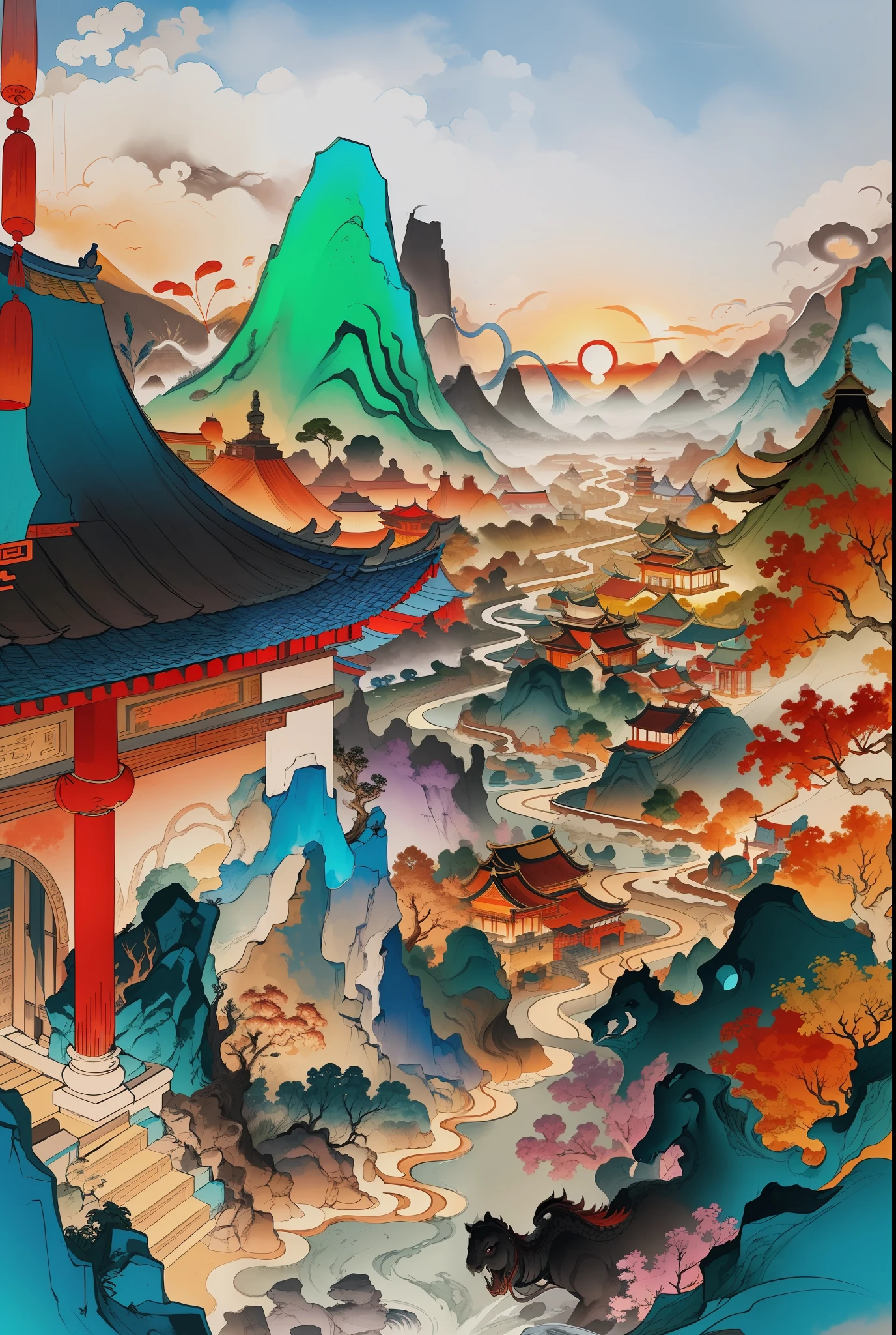 Ancient Chinese landscapes, ancient buildings, pavilions, carved beams and painted buildings, beautiful mountains and rivers, inspired by Jin Yong martial arts, sunlight, ink painting style, clean colors, decisive cutting, blank space, freehand, masterpiece, super detailed, epic composition, high quality , highest quality, pixar style, oversaturated, surreal, artgerm --v 6