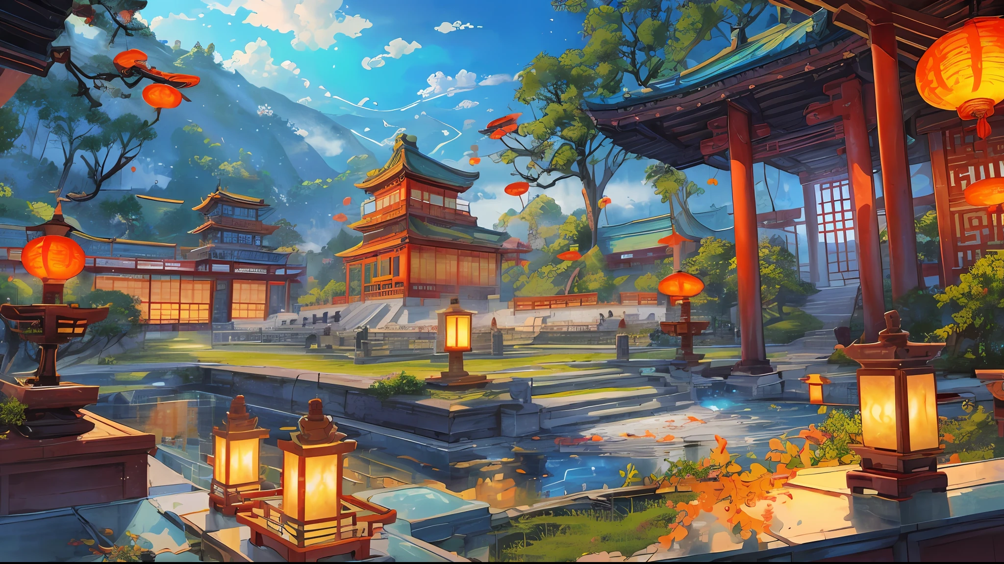 The game scene, the ancient Chinese palace is located above the clouds, Nantianmen, surrounded by clouds and mist, majestic, glazed tiles, Buddha statues, colorful rays of light, ((color ink)),((splash ink)),( (splash ink) ink) ink}) ), masterpiece, high quality, beautiful graphics, high detail --v 6