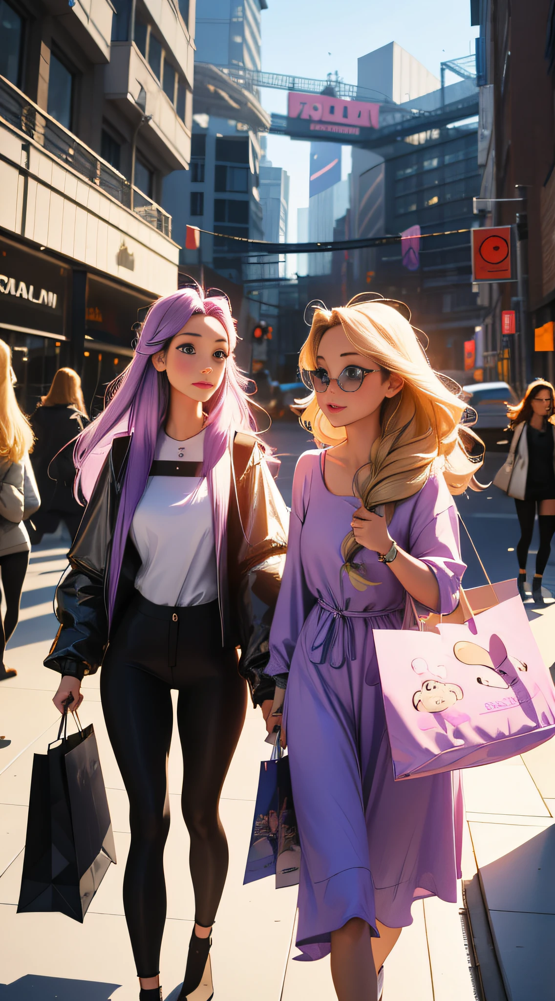 A rapunzel girl and her friend carrying two or three shopping bags shopping in future tech city, tech city, futuristic, pleasant, illustration design
8K