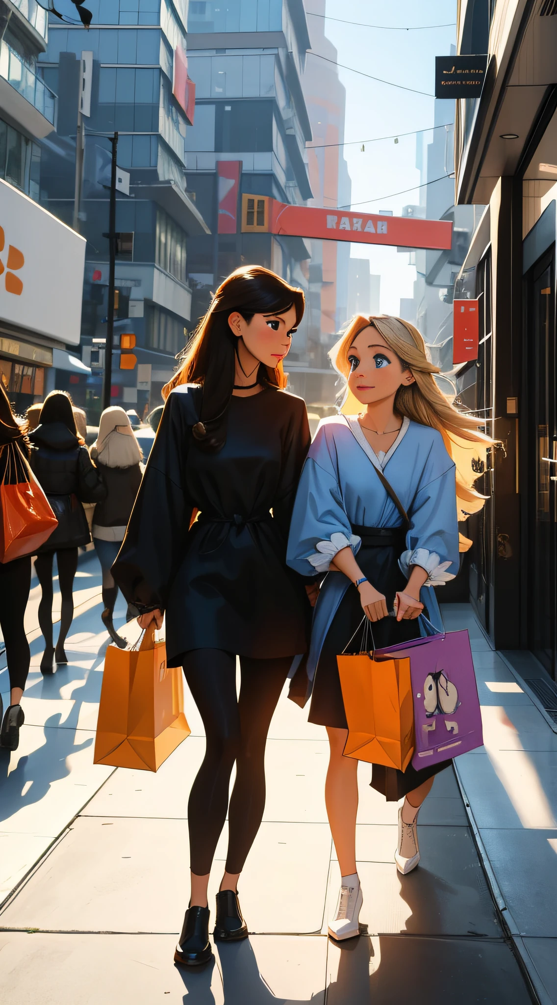 A rapunzel girl and her friend carrying two or three shopping bags shopping in future tech city, tech city, futuristic, pleasant, illustration design
8K