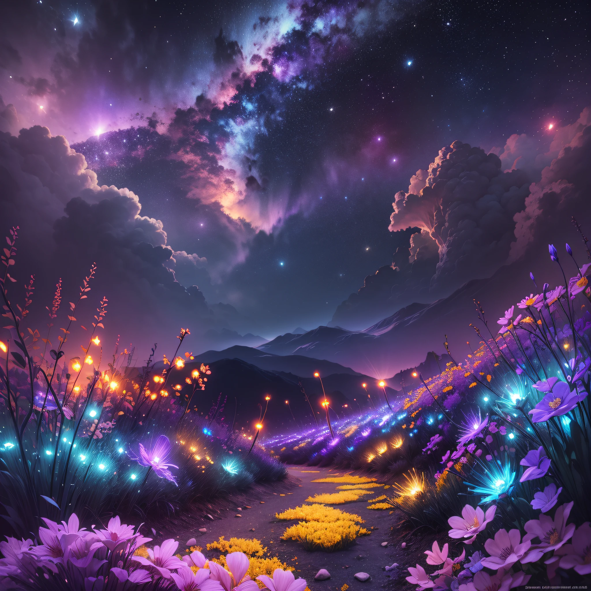 Photos of vast sunrise landscapes, (seen from below, sky above, open sea of flowers below), bizarre sea of flowers (best quality), 4k, ultra-detailed, (meteors: 0.9), (nebulae: 1.3), distant mountains (high quality), trees BREAK making art, (warm light source: 1.2), (fireflies: 1.2), lamps, lots of purple and orange and blue, intricate details, volumetric lighting, realism BREAK (Masterpiece: 1.2), (Best Quality), 4K, Ultra-Detailed, (Dynamic Composition: 1.4), Very Detailed, Colorful Detail, (Iridescent Color: 1.2), (Glow, Atmospheric Illumination), Dreamy, Magical, Mysterious (Solo: 1.2)