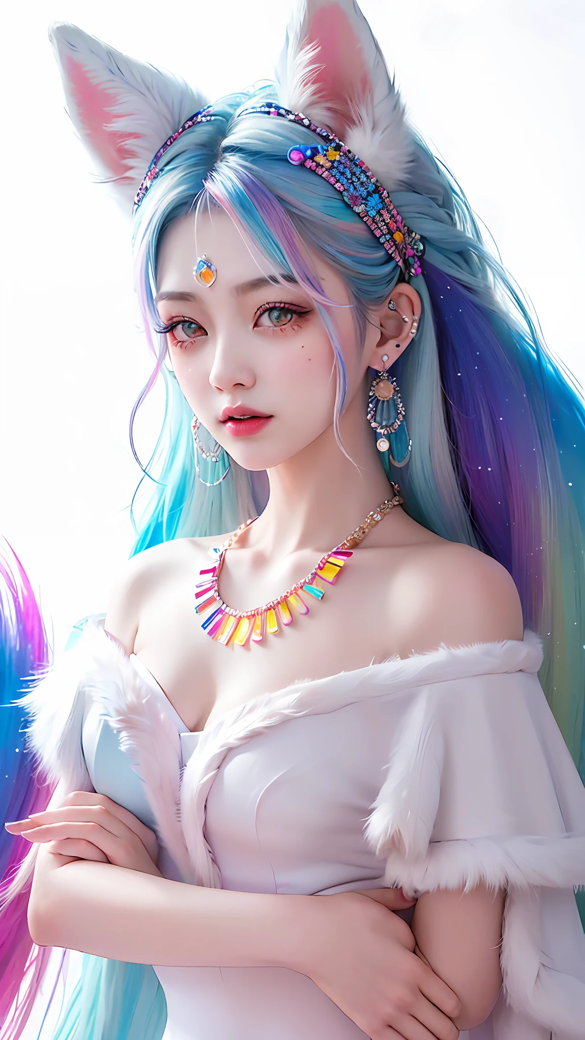 Masterpiece, Best Quality, High Resolution, (White Background: 1.4), [Glitter], [Looking at the Viewer, Portrait, 1 Sweet Chinese Girl], (Long Hair, Blue Hair, Wavy Curls, Multicolored Twisted Big Braid: 1.3, Furry Fox Ears, Air Bangs), White Off-the-Shoulder Short Sleeves, Delicate Facial Features, Pink Lips, Earrings, Necklace
