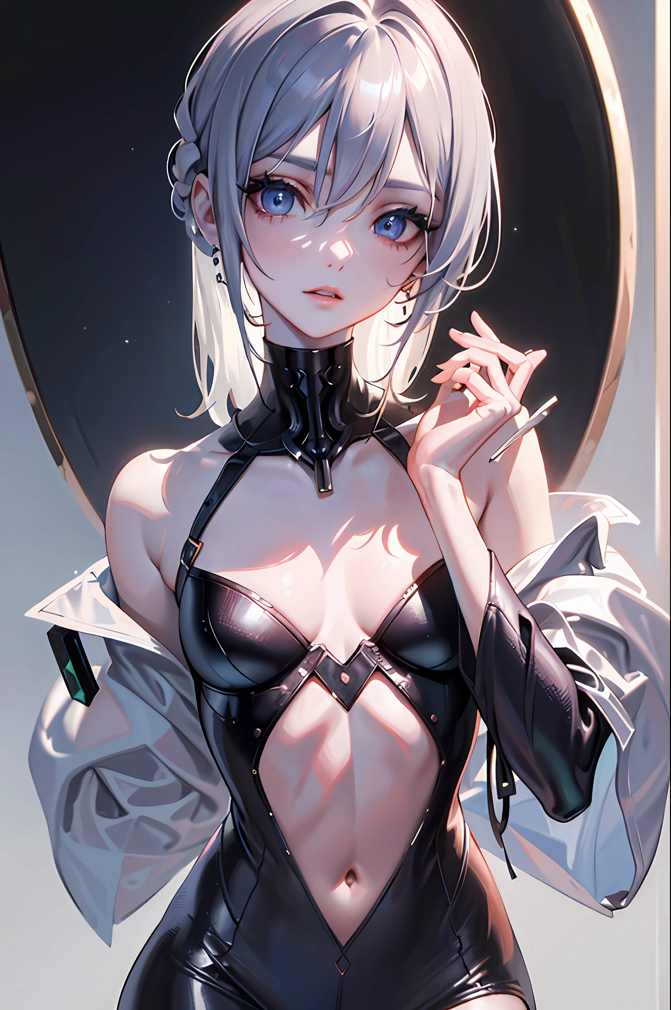(masterpiece, sidelighting, finely detailed beautiful eyes: 1.2), (upper body) (masterpiece*portrait), realistic, 3d face, lusious skin, ((solo)), perfect face, (close-up of face), head and neck length 2 to 1, (high detail skin, visible pores)), slender body , beautiful cyberpunk girl, small breasts, cyberpunk jumpsuit, thigh root