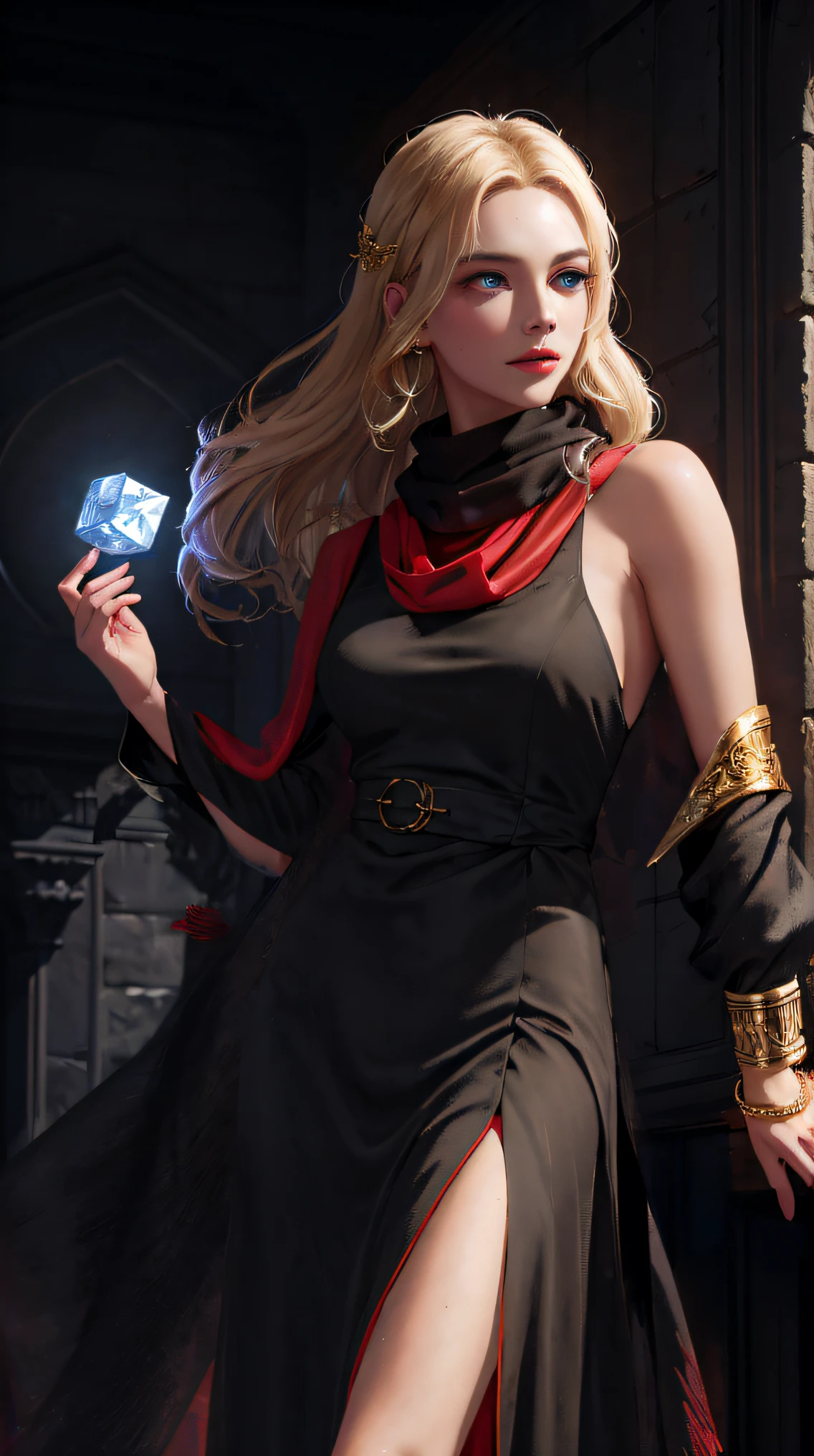 blond woman in black dress holding a crystal in her hand, cushart krenz key art feminine, a sorceress casting a ice ball, 3 d render character art 8 k, portrait of a female mage, ross tran 8 k, elegant cinematic pose, alexandra fomina artstation, aly fell and artgerm, wlop and krenz cushart