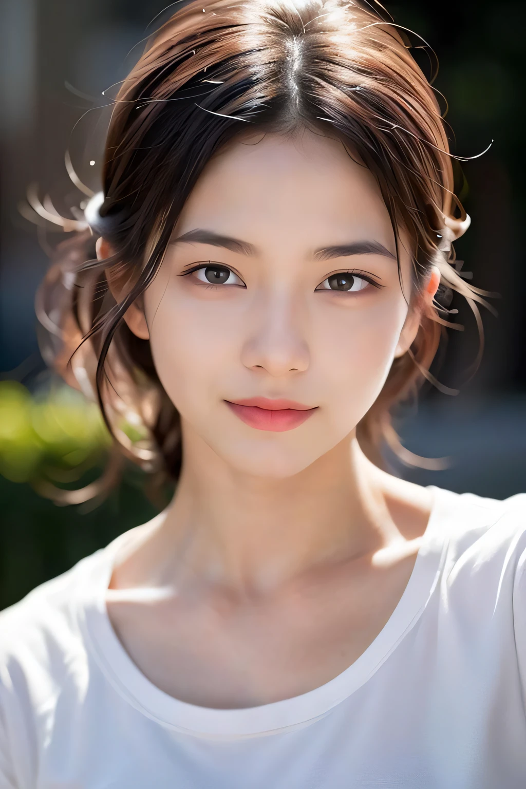 dressed, (photo realistic:1.4), (hyper realistic:1.4), (realistic:1.3),
(smoother lighting:1.05), (increase cinematic lighting quality:0.9), 32K,
1girl,20yo girl, realistic lighting, backlighting, light on face, ray trace, (brightening light:1.2), (Increase quality:1.4),
(best quality real texture skin:1.4), finely detailed eyes, finely detailed face,
(tired and sleepy and joy:0), (laugh:0), face closeup, t-shirts,
(Increase body line mood:1.1), (Increase skin texture beauty:1.1)