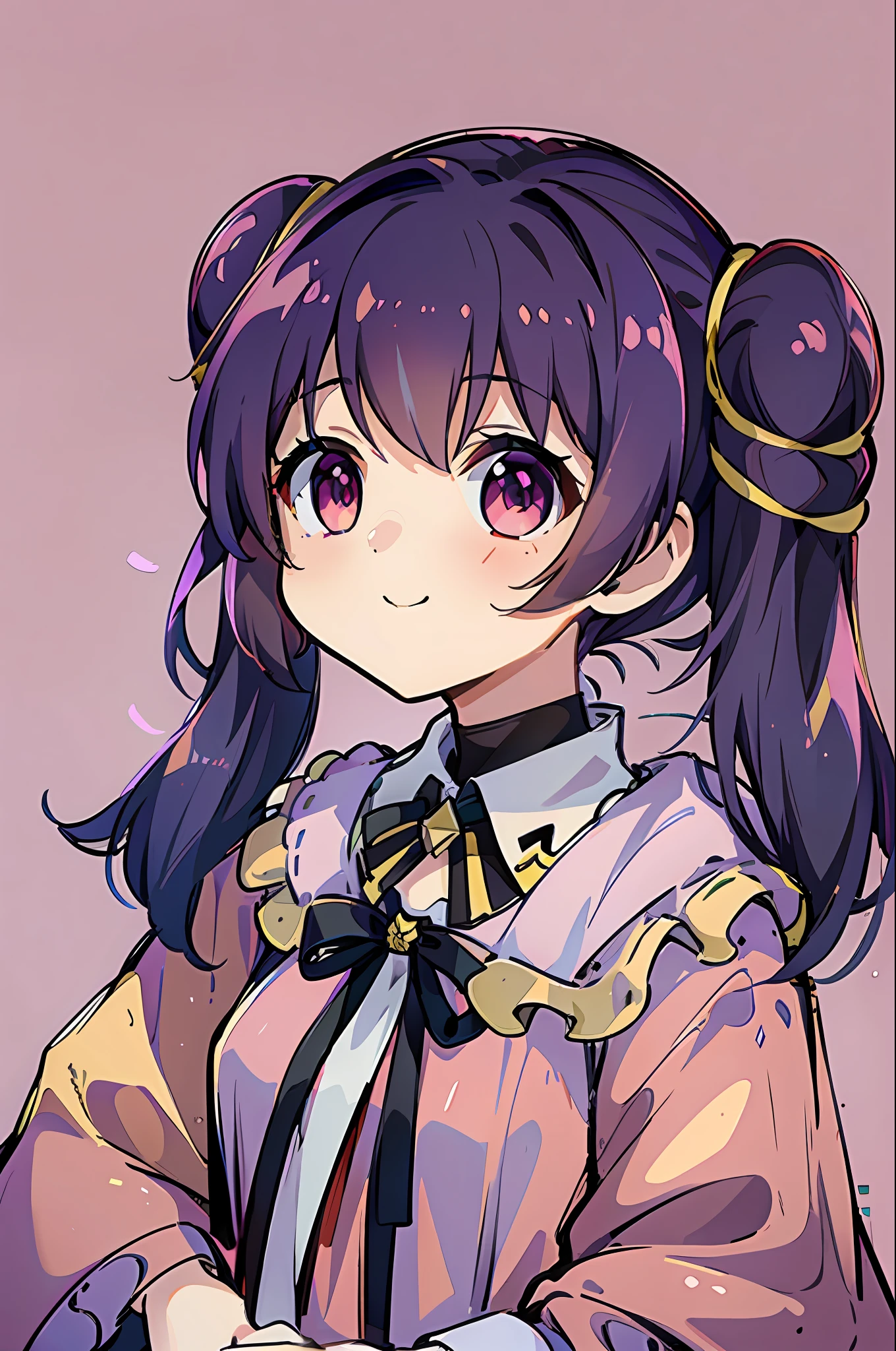 (masterpiece, top quality; 1.3), 1 girl, solo, watch viewer, myrrh_fe, upper_body, view straight on, a, pastel colors, painting medium, , light smile, , loli,uvenile, chibi, small, frontal, niccori, dark purple hair, (bun, twin tails), red clothes, monochromatic background, white background