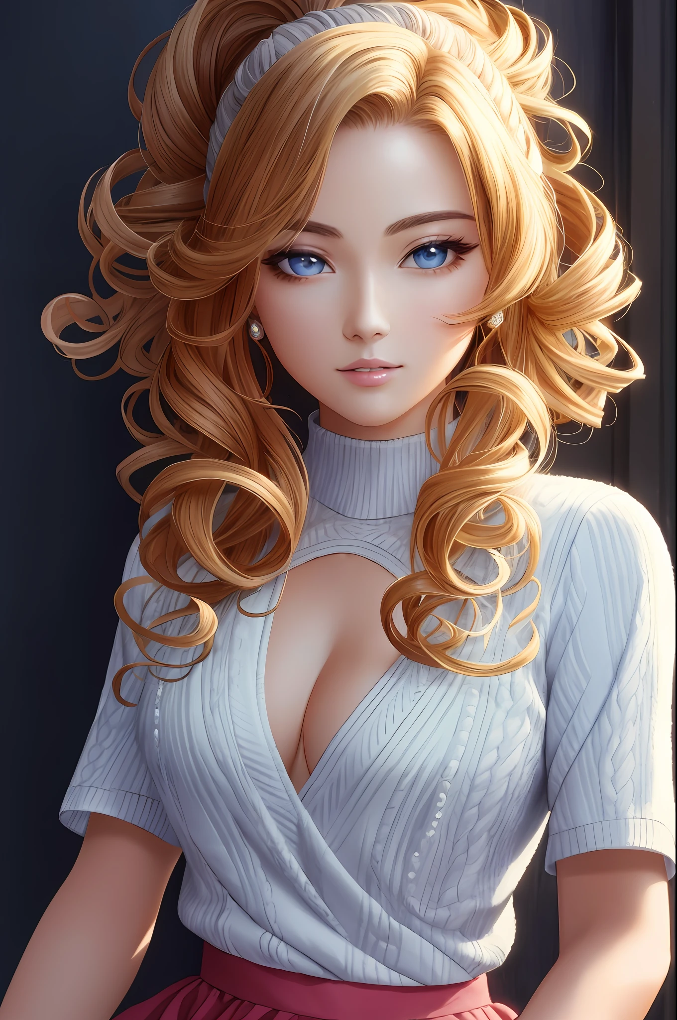 Illustration, Anime Style, (Masterpiece, Top Quality, Ultra Detailed, High Resolution), Perfect Face, Side Light, Shiny Skin, (Bloom), (Shine), Lighting, Ray Tracing, 1girl, Solo, Bull-colored Hair, Colorful Color Light Shining Eyes, Summer Short Sleeves, Hair Bow, Pink Skirt, Bow, Pink Bow, Lips, Upper Body, Curly Hair, Chest, Turtleneck Sweater, Parted Lips, Jewelry, depth_of_field, very detailed background, very detailed background, masterpiece, super detail, great composition,dynamic angle,[bottle bottom],(wide shot), very delicate and beautiful,(best quality), (master work), depth of field, solo, extreme light and shadow, masterpiece, rich in detail, (fine features), (best quality), (masterpiece), (detail eyes), ( Beautiful)Detail,Beautiful Detail Eye,(Straight On), Upper Body,(Very Detailed CG Unity 8k wallpaper),(Masterpiece), (Best Quality), (Super Detail), (Best Illustration), (Best Shadow), Perfect Lighting,Perfect Anatomy