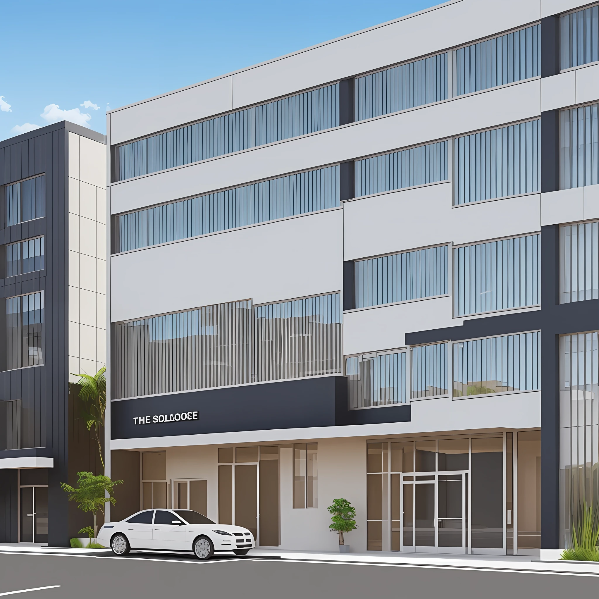 The front of the three-story office building with a blank signboard is realistic and hyper-realistic --auto --s2