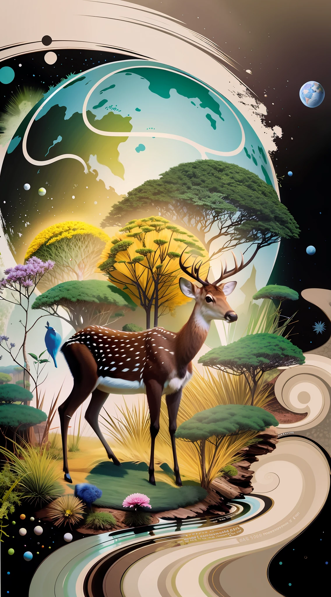 Earth Day poster, flat illustration, super cute sika deer, green spherical earth, trees, flowers, landscape, blue, green, yellow, earth background, center composition, bright colors, chiaroscuro, super high detail, 4k, flat illustration