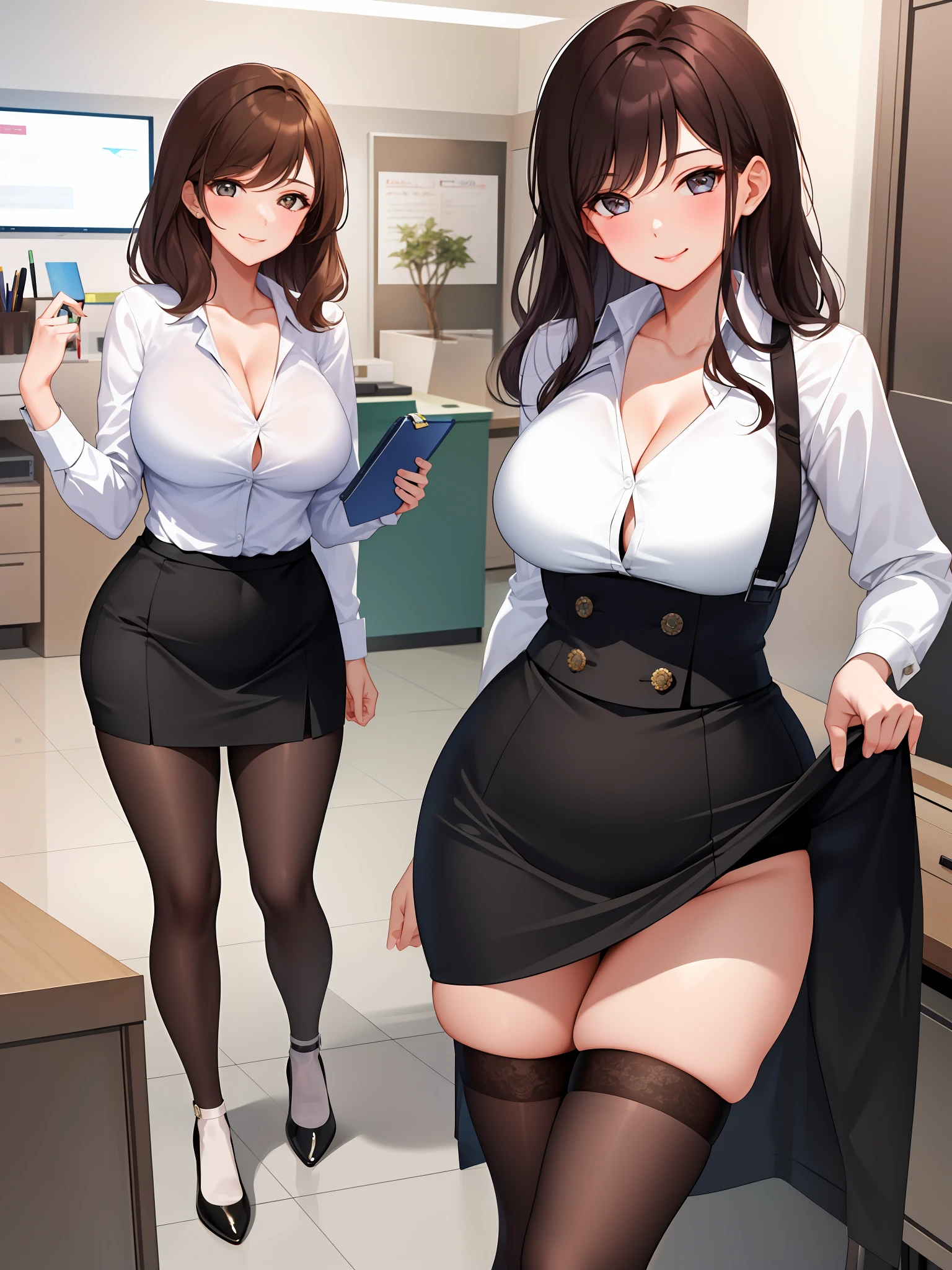 ((Masterpiece, Excellent)), (1girl), ((MILF)), Brunet, ((Office Lady)), Bangs, Bursting Tits, (Plump), Slim, Smile, [Wide Buttocks], Office, Standing, Thin Waist, Tight Skirt, Stockings, Cleavage, Seductive, Working Women, Professional Wear,