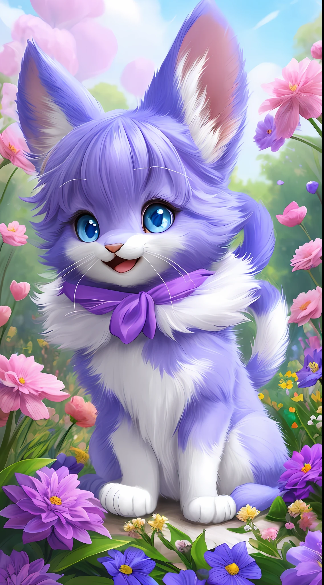 A kitten with a small tail, a small nose, small ears, blue eyes, purple background, flowers, vases, dreams, open mouth, smile, Caroline Chariot-Dayez pastels, tumblr, furry art, elokitty, Disney's Bambi, Disney's styled furry, ears floating, fluffy tail, fluffy '', fluffy !!!, high resolution, furry art!!! Small size