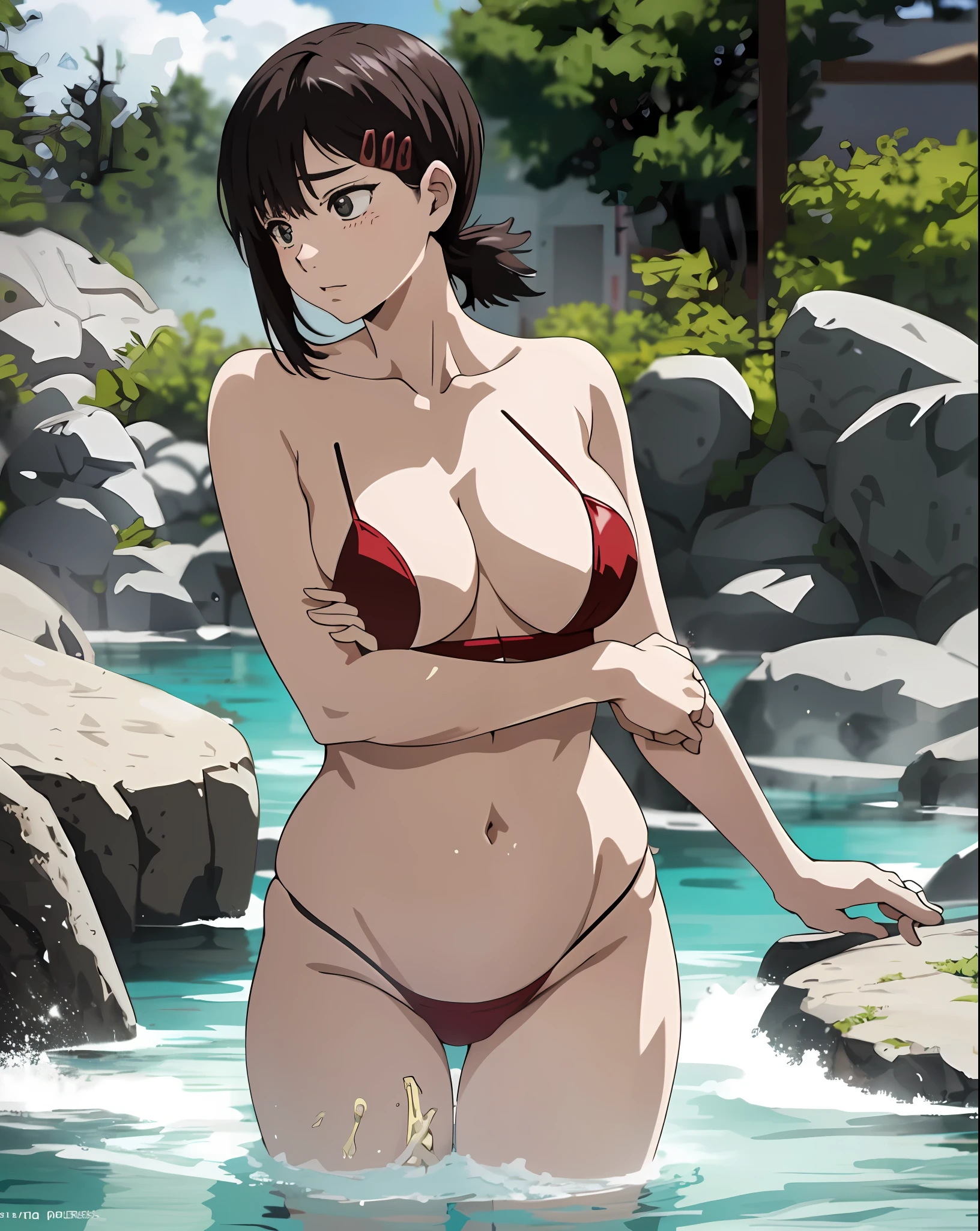 1girl,in the hot springs, bathing,half body in the water,covering breasts with arms,sexy,masterpiece full body,cute figure,face looking aside,provocative look,chubby thighs,chubby waist, embarazada